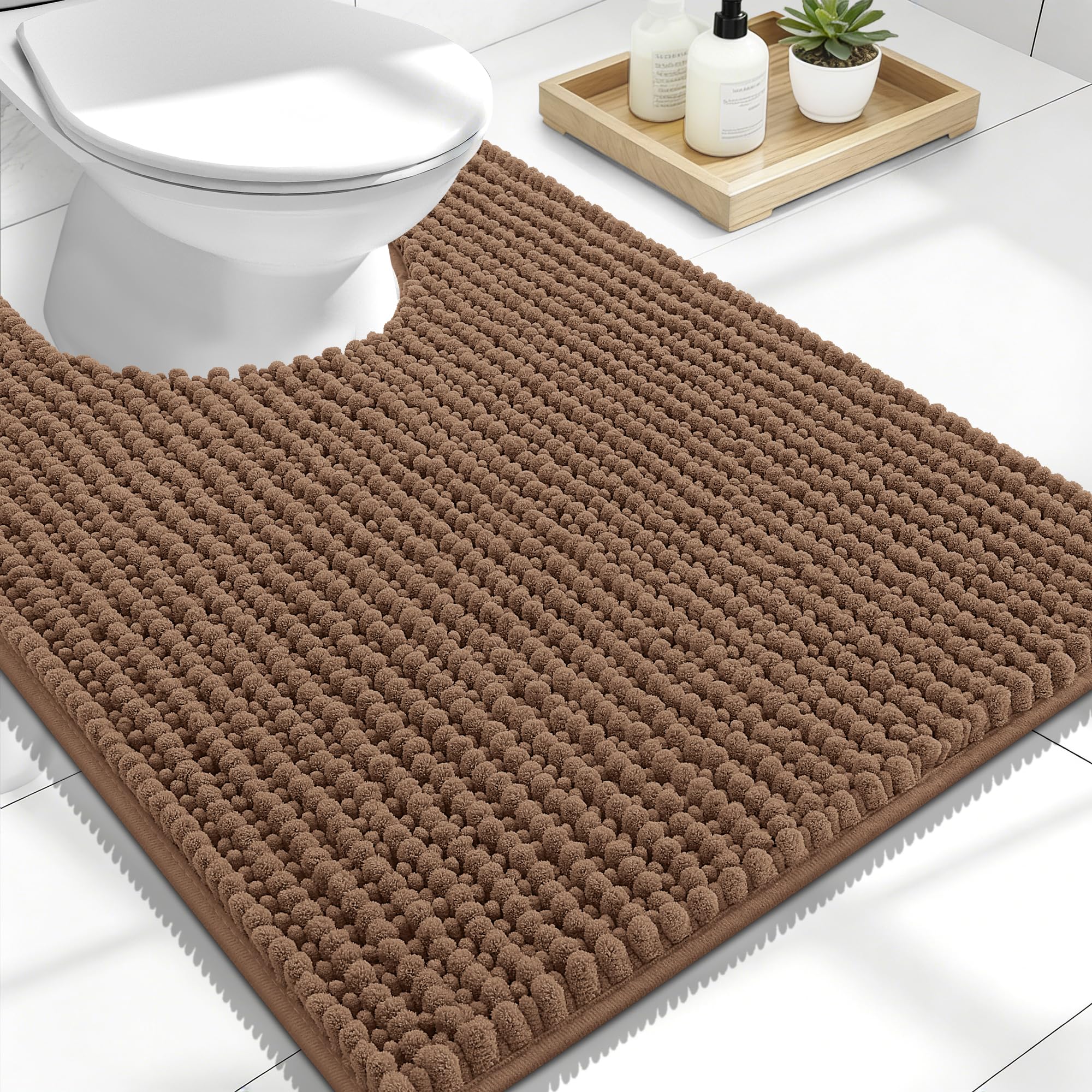 OLANLY Thick Chenille Toilet Rugs U-Shaped 24x20, Mocha