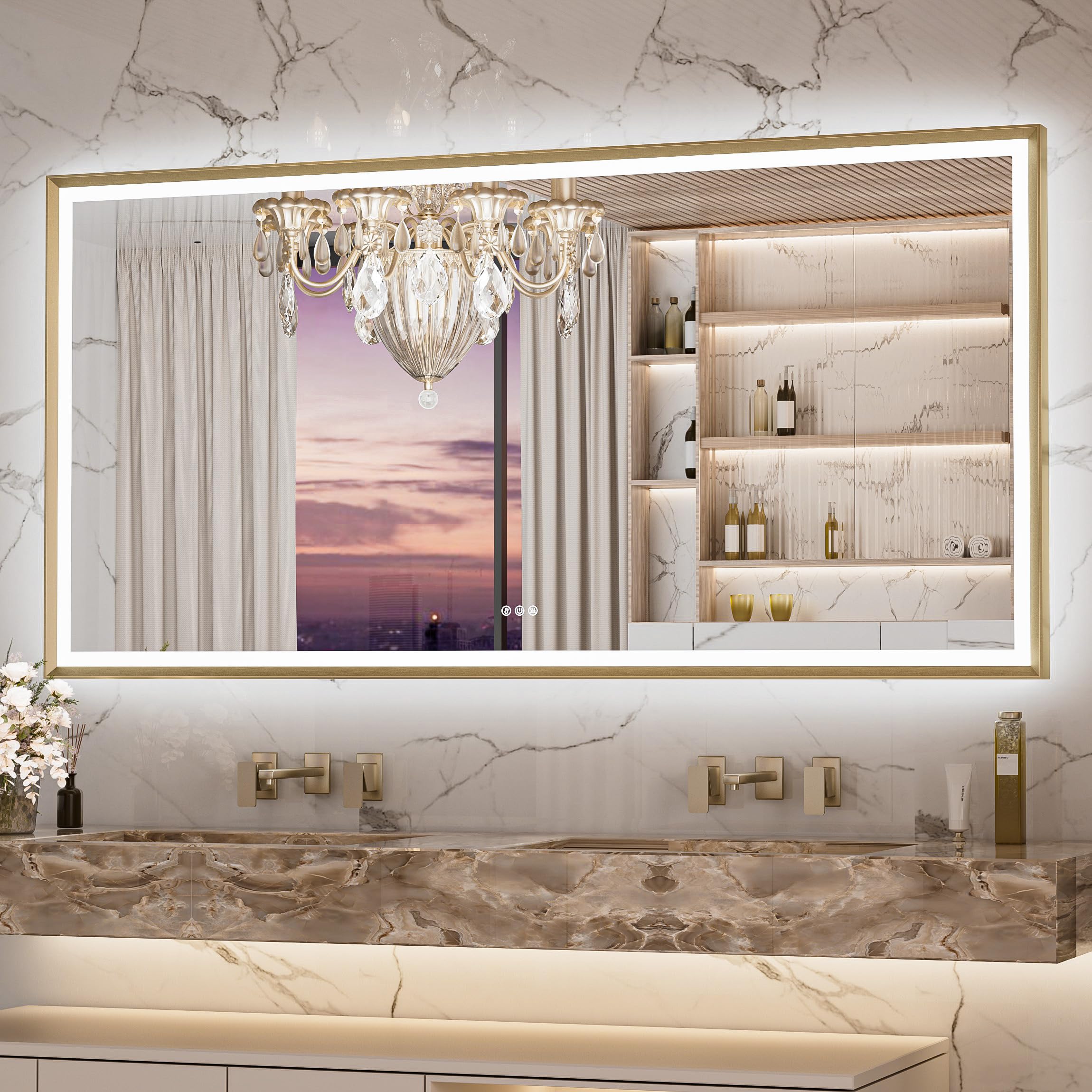 Keonjinn 72 x 36 Inch Bathroom Mirror with Frontlit & Backlit, Gold Metal Framed Beveled Edge Mirror, Large LED Lighted Vanity Mirror with Anti Fog for Wall, Stepless 3-Color Temperatures