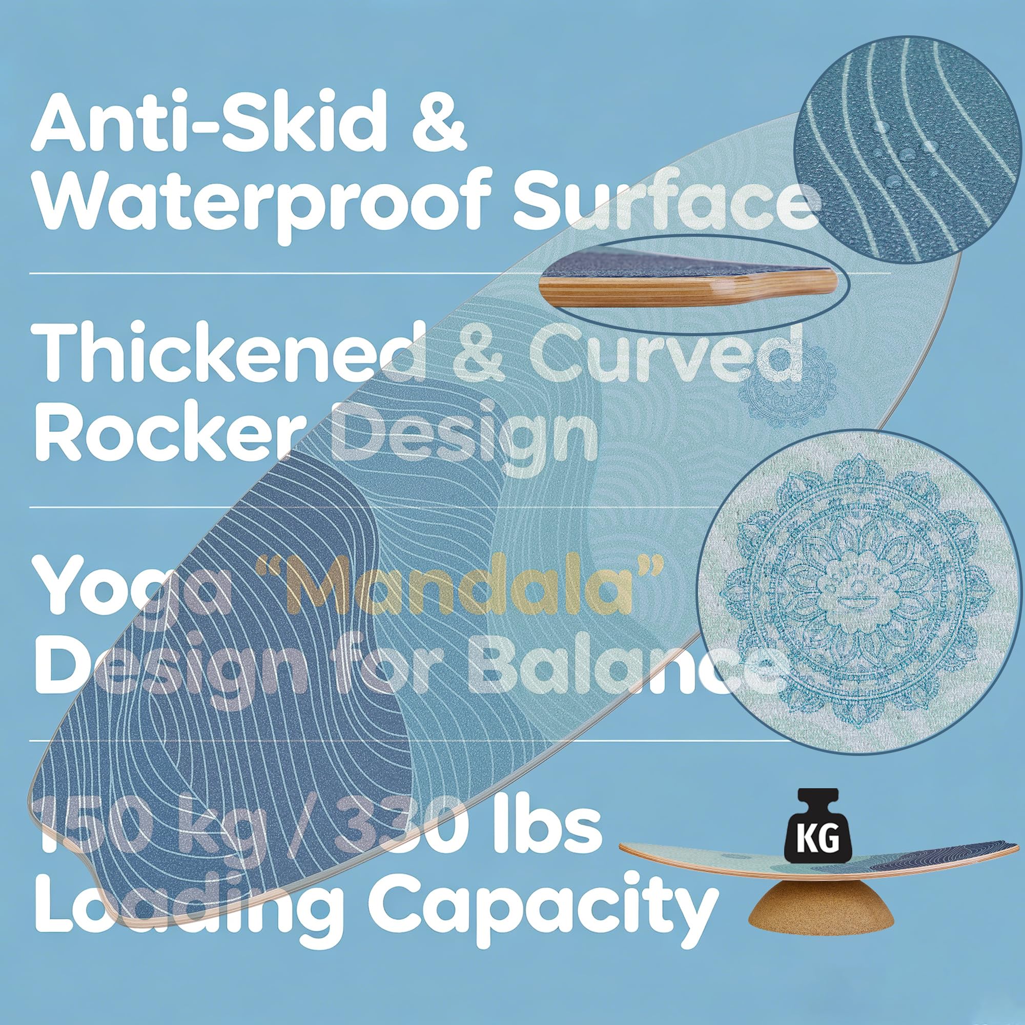 Kit d'entraînement d'équilibre - Planche de surf en bois, demi-sphère en liège, rouleau de massage, balle - Fitness tous niveaux, renforcement musculaire et récupération, surf et patinage en intérieur