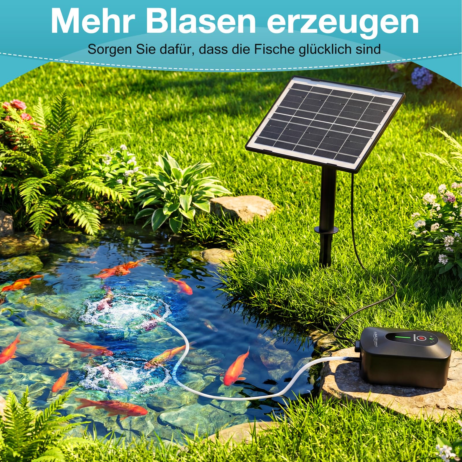 AMZtime Solar Sauerstoffpumpe für Gartenteich, 4.5 W Solar Teichbelüfter, Sauerstoffpumpe Oxygenator mit 2200 mAh Akku, Sauerstoff Luftpumpe 3 Modi 2 Luftsteine für Teich, Gartenteiche, Aquarium