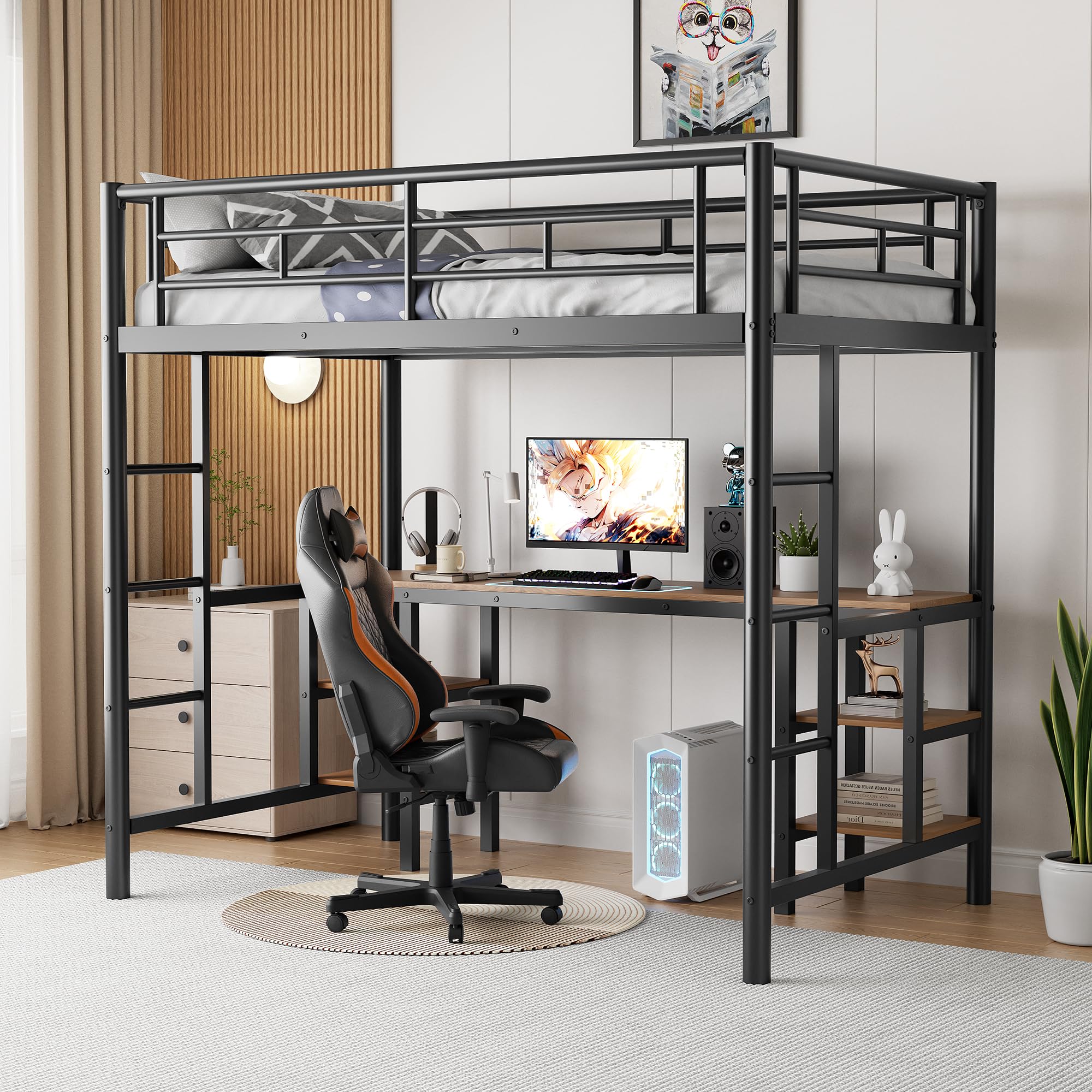 Twin Size Loft Bed with Desk & Shelves for Kids,Teens,Adults,Heavy-Duty Sturdy Loft Bed w/Ladders,Easy to Assemble,Space Saving, Black