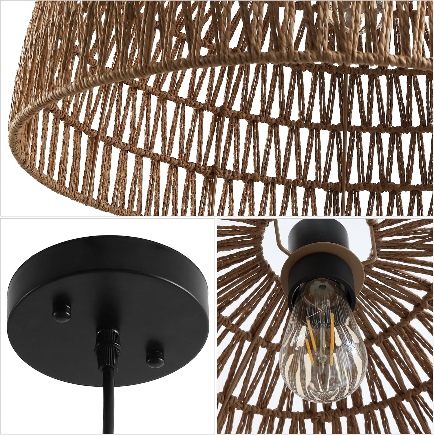 JONATHAN Y 20" Brown Modern Bohemian Woven Rope LED Pendant Light Fixture, Adjustable Dome Ceiling Lamp for Kitchen Island, Rope Shade, Coastal Farmhouse Decor (JYL6504F)