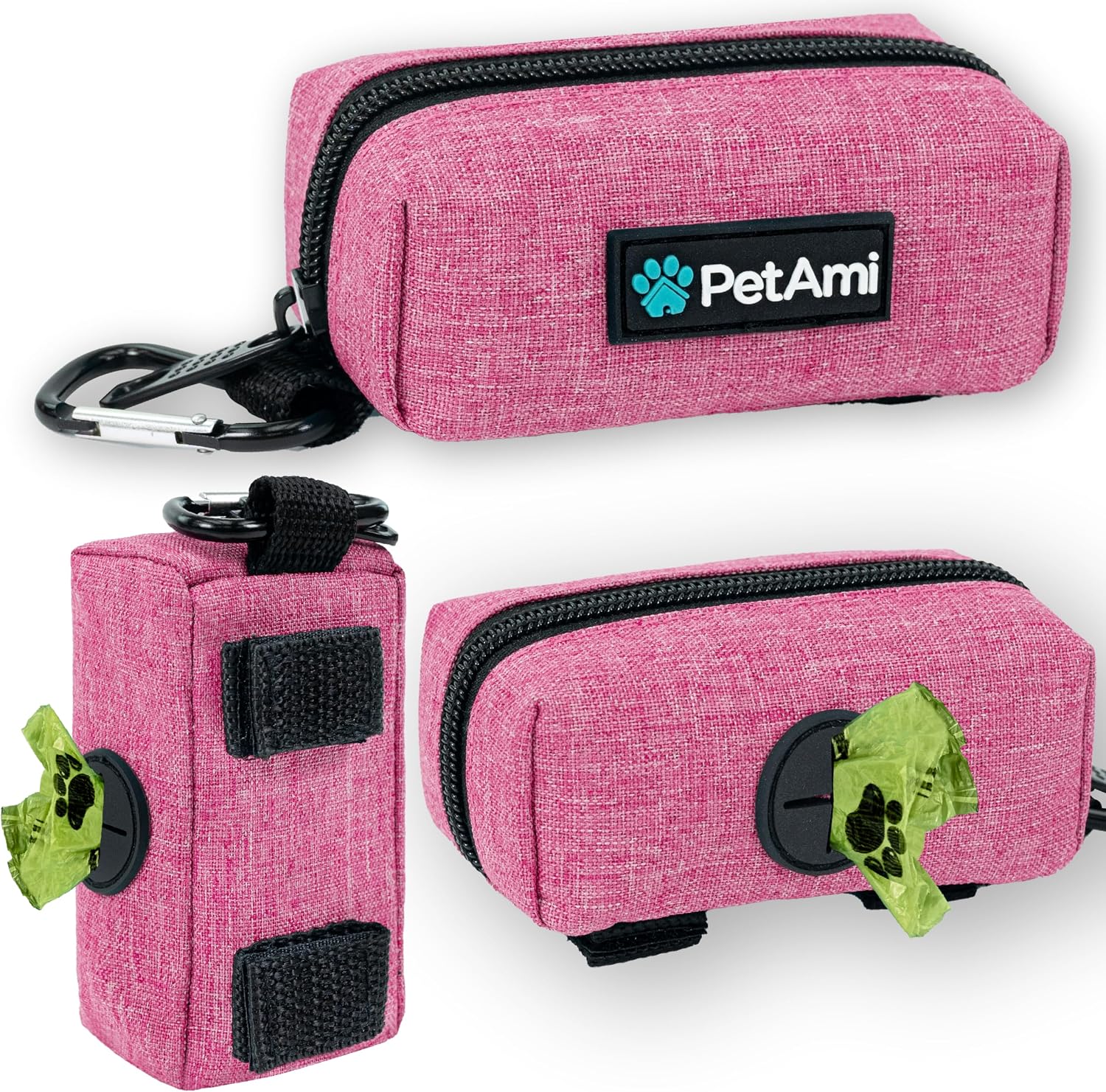 PetAmi Dog Poop Bag Holder & Waste Bag Dispenser with Clip-On Pouch Includes 1 Roll of Pet Waste Bags Portable Dog Walking Accessories for Leash, Belt or Backpack, Pink image 2