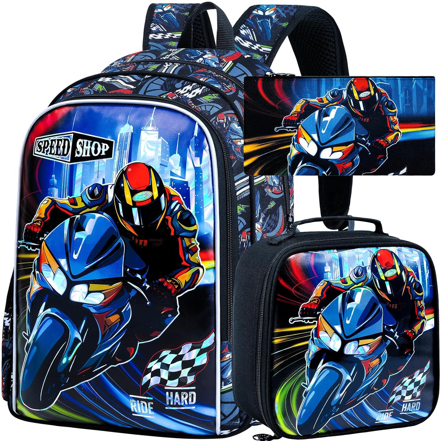 16 Cars Backpack for Boys 3Pcs Kids Bookbag with Lunch Box Motorcycle School Backpacks Set for Elementary Preschool