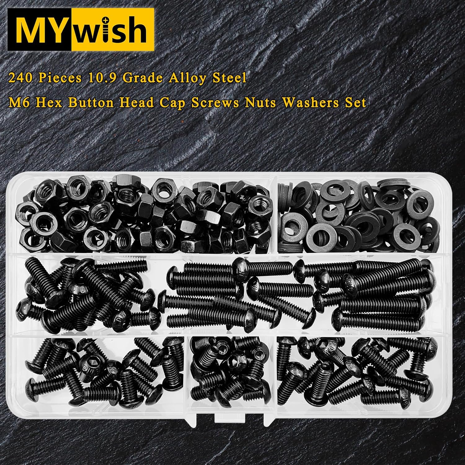 Mywish 240 Pieces M6 Screw Nuts and Bolts Assortment Kit, 10.9 Grade Alloy Steel, Nuts and Bolts Button Head Socket Cap, Flat Washers Hex Wrenches M6*8/12/16/20/25/30mm Black, Fully Threaded