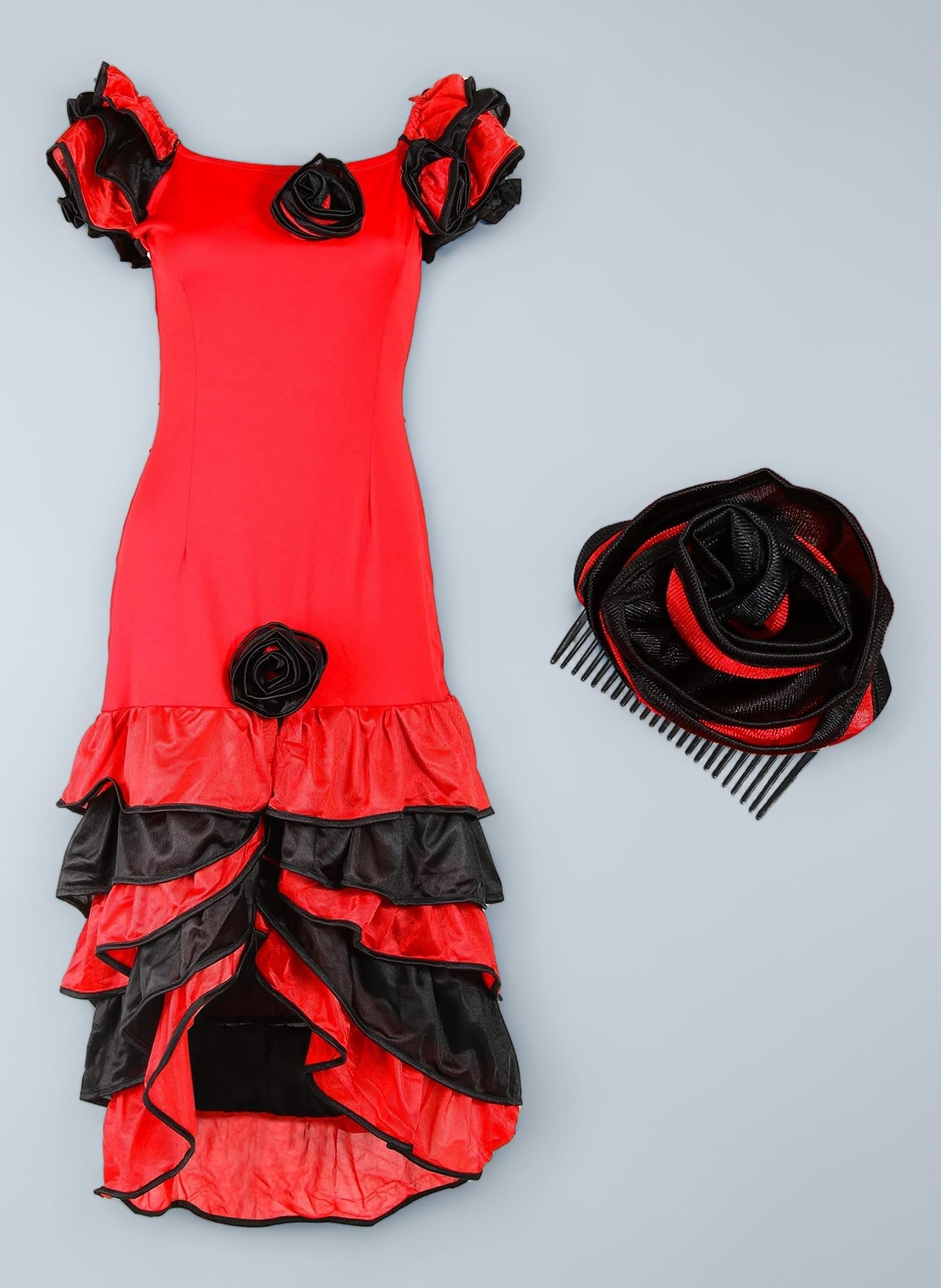 Ladies Rumba Dress - Womens Red and Black Ruffled Dress and Rose Hairpiece - Spanish Salsa Fancy Dress Costume