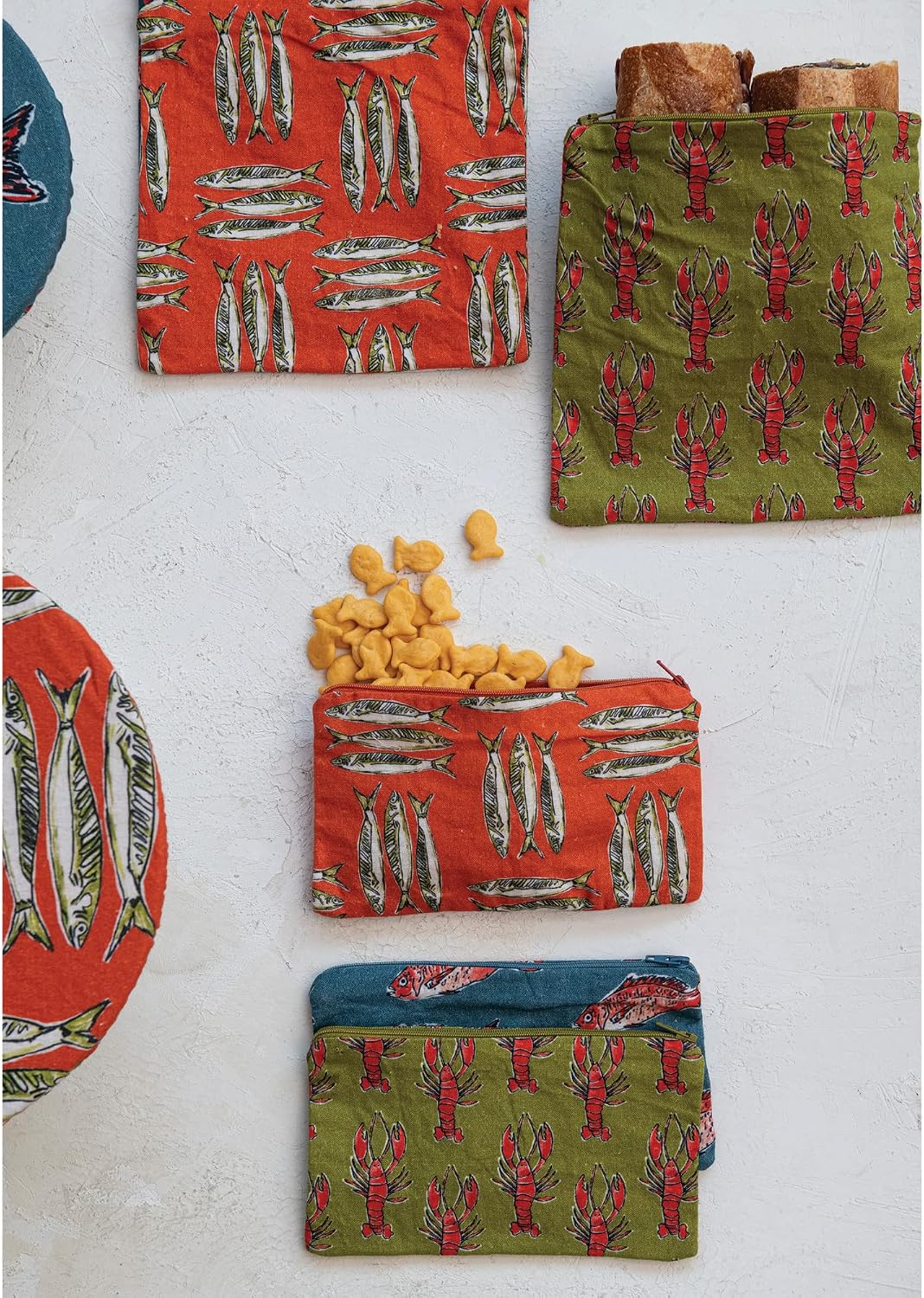 Creative Co-Op Cotton Zip Food Pouch with Sea Life Illustrations, Set of 3 Styles, Multicolor