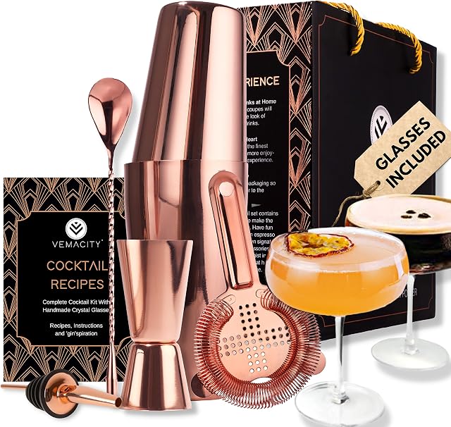 Elegant Cocktail Shaker Set w/ 2 x Handmade Martini Glasses. Rose Gold Cocktail Shaker, Cocktail Accessories & Cocktail Glasses. Beautiful Gift Box + Mixologist Recipe Guide.