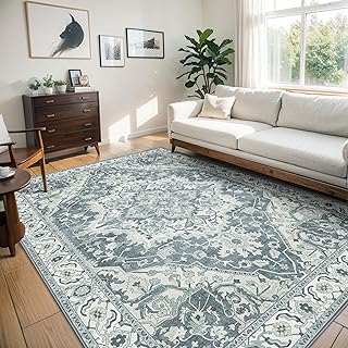 Deerly Großer waschbarer Teppich für Wohnzimmer, Schlafzimmer, Boho, Vintage, orientalischer Teppich für Esszimmer, rutschfest, weich, Hochflor-Bauernhaus, Kanalblau/Mehrfarbig