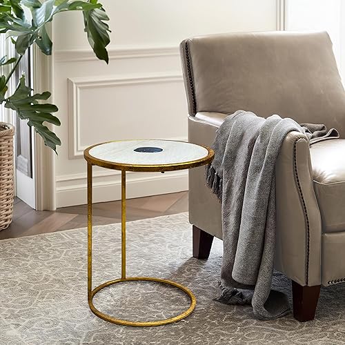 Miniatura 10 de The Urban Port Mesa auxiliar redonda de 20 pulgadas, parte superior de mármol blanco con incrustaciones de piedra de ágata azul, marco de hierro con