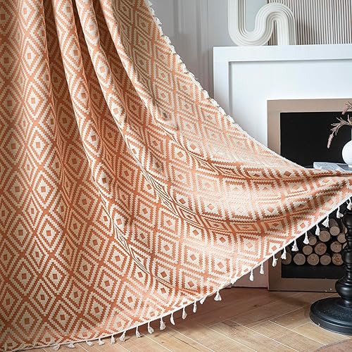 Schweek Cortina bohemia naranja para dormitorio, sala de estar, 2 paneles de 84 pulgadas de largo, cortinas y cortinas con patrón geométrico,