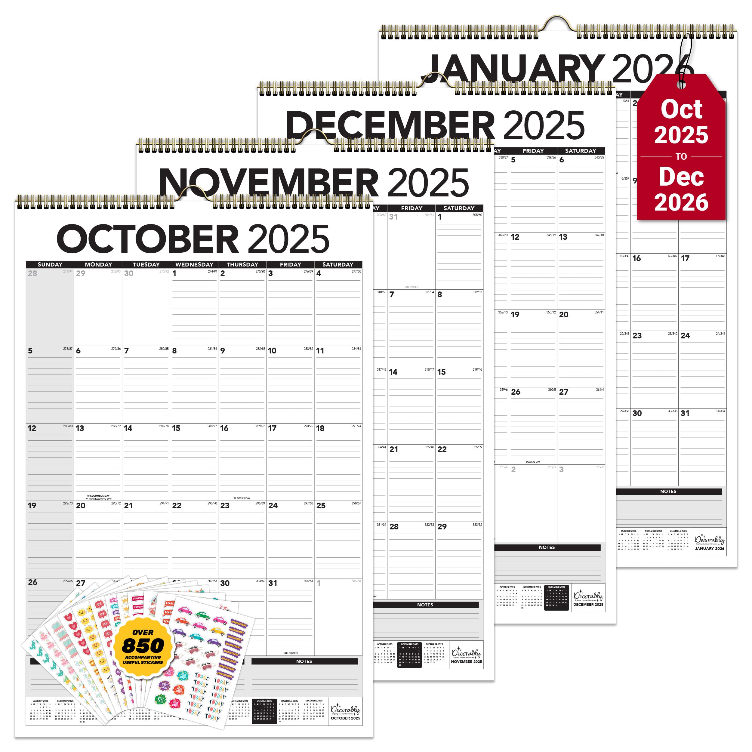 Decorably 18 Months Black and White Extra Large Wall Calendar July 2025 to December 2026, 20x30in Spring-Bound Sheets with Built-in Back Nook &