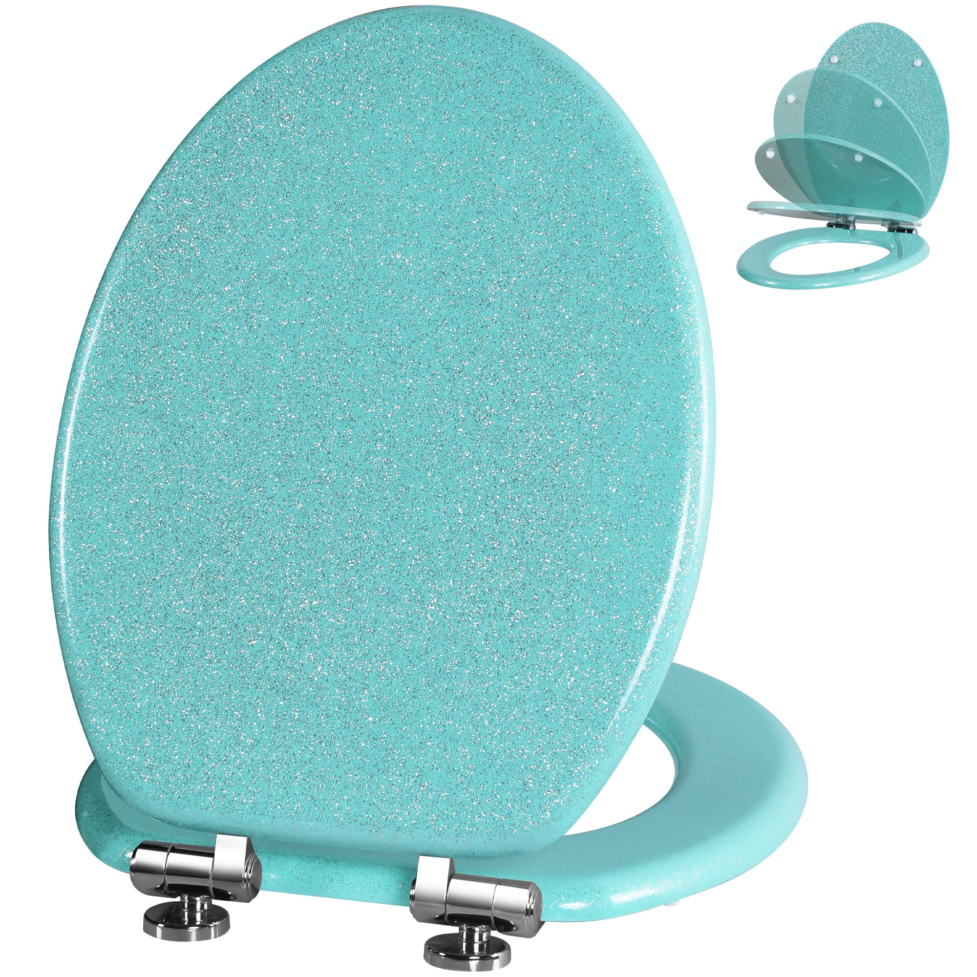 Angol Shiold Glitter Toilet Seat Molded Wood Elongated Toilet Seat with Quietly Close and Quick Release Hinges, Easy to Clean also Easy to Install (Elongated 18.5'', Green)