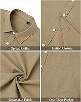 Vista 156 de J.VER Camisas de manga corta de lino y algodón para hombre, estilo informal, ligeras, con botones, para vacaciones, playa y verano, con bolsillo
