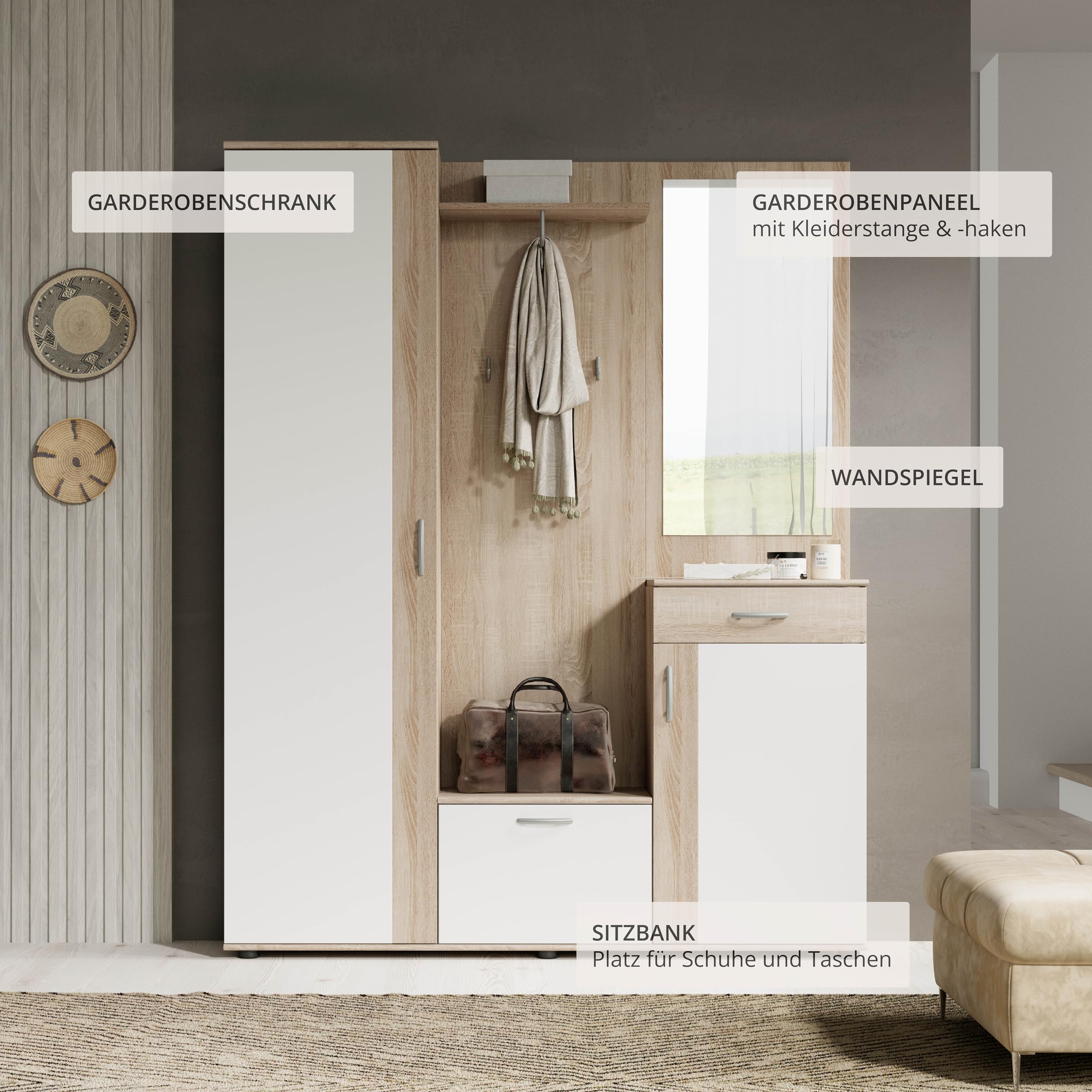 Stella Trading PATENT Flurgarderoben Set Sonoma Eiche Optik Weiß 145x184x29 cm B/H/T