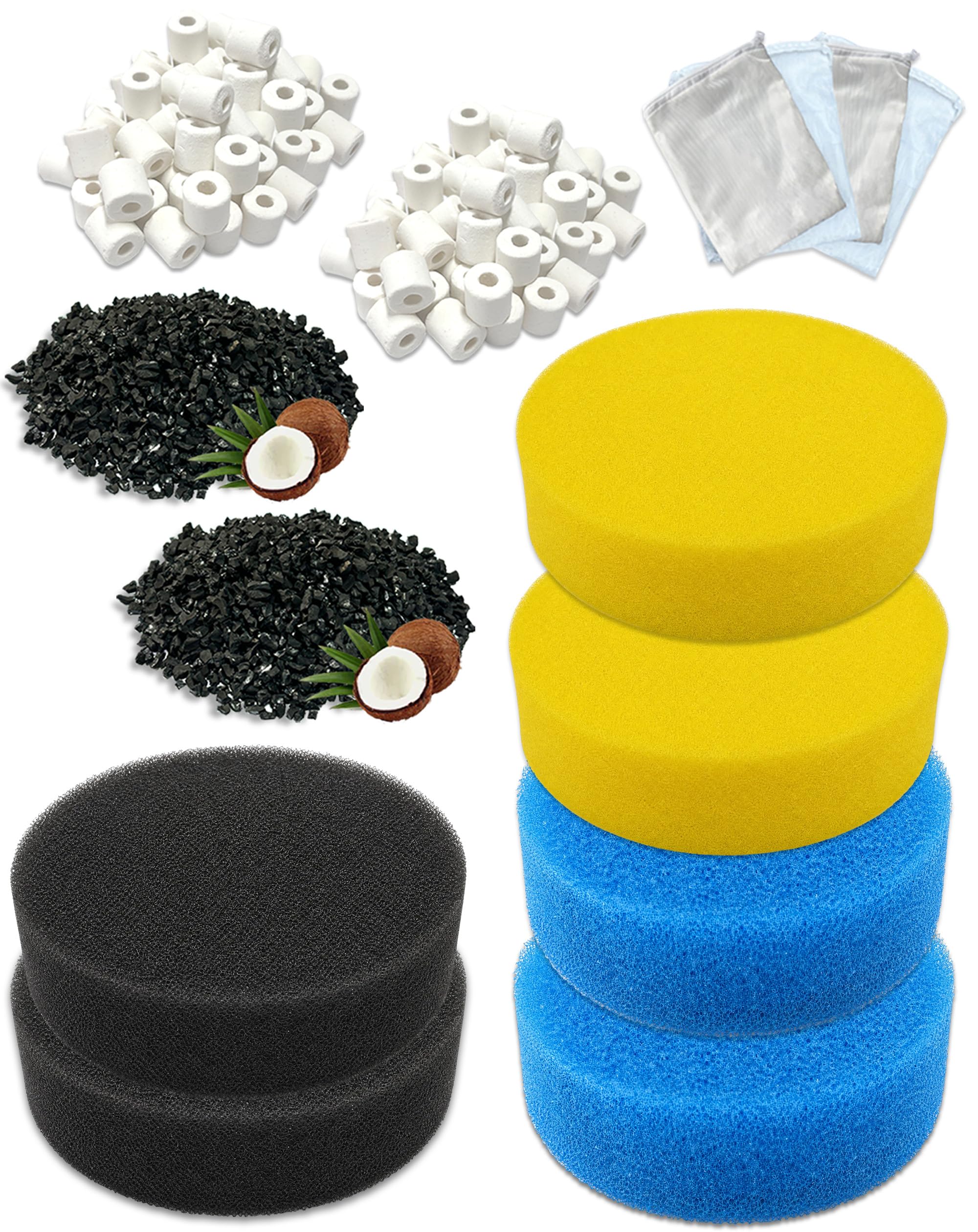 14-Pack Filter Media Compatible with AllPondSolutions EF-150 (150L) & EF-2-Booster External Tank Filter, Includes Filter Foams, Ceramic Rings & Activated Carbon, Suitable for Freshwater & Saltwater