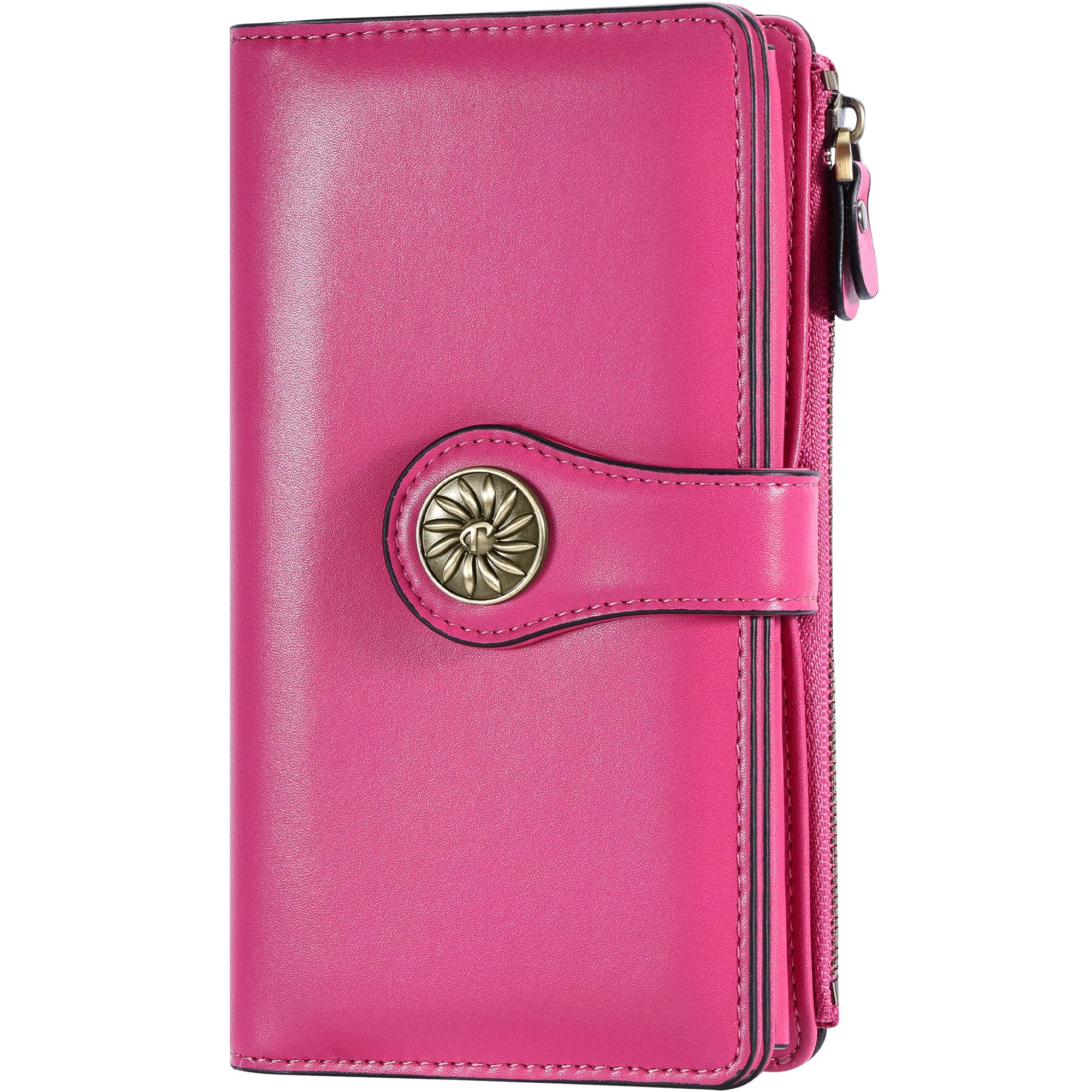 Travelambo Womens RFID Blocking Large Capacity Luxury Waxed Genuine Leather Clutch Wallet Multi Card Organizer, ReNapa Hot Pink, One size