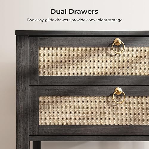 Miniatura 4 de SICOTAS - Juego de 2 mesitas de noche de ratán con cajones y estante de almacenamiento, mesa auxiliar estrecha estilo bohemio para dormitorio o