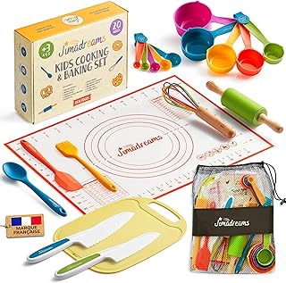 Kit Cuisine Enfant Montessori avec Couteaux Sécurisés - Vrais Ustensiles de Cuisine Enfant sans BPA, Kit Patisserie, Set Couteau et Planche à découper, Coffret Cadeau Petit Chef dès 3 Ans