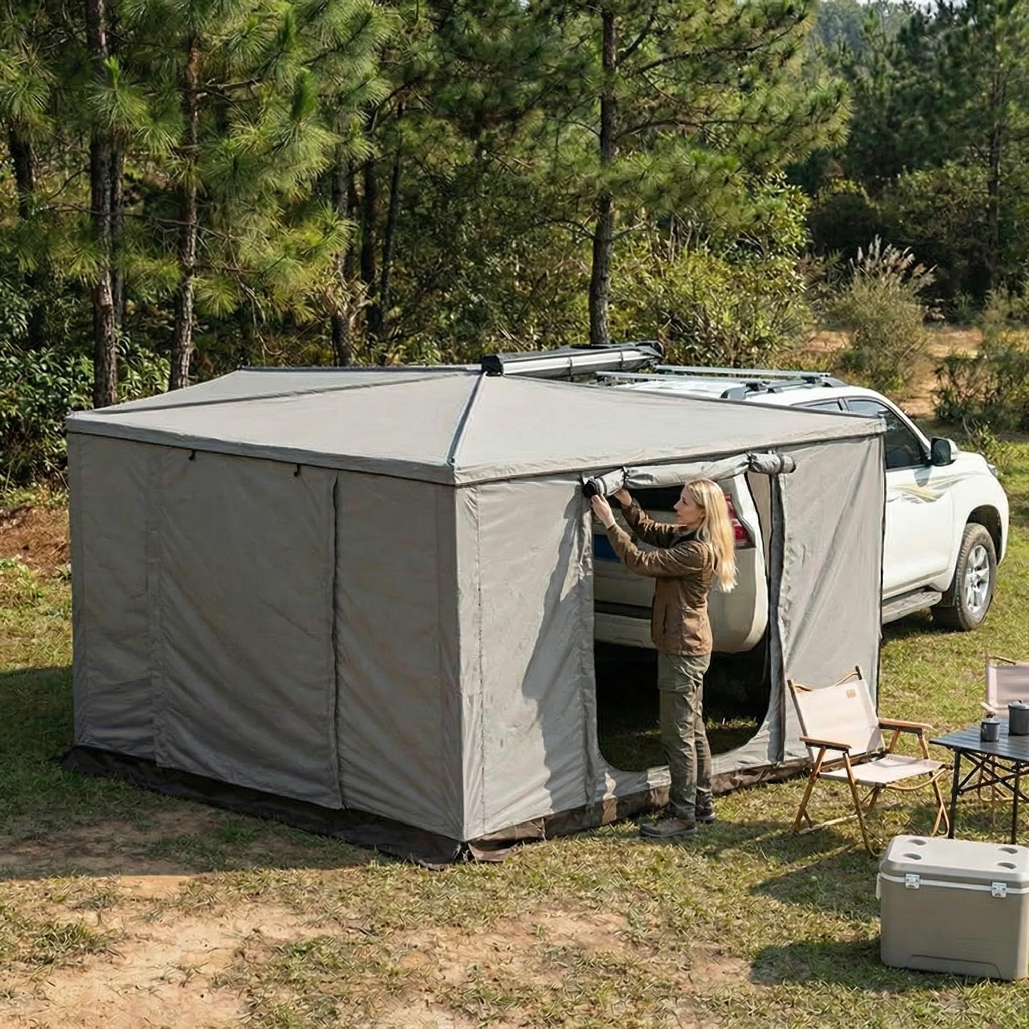 270° Markise Khaki oder Grau Automarkise/Zelt mit Vorzelt 200x200cm oder 250x200cm (Khaki, 200x200cm für die Fahrerseite)