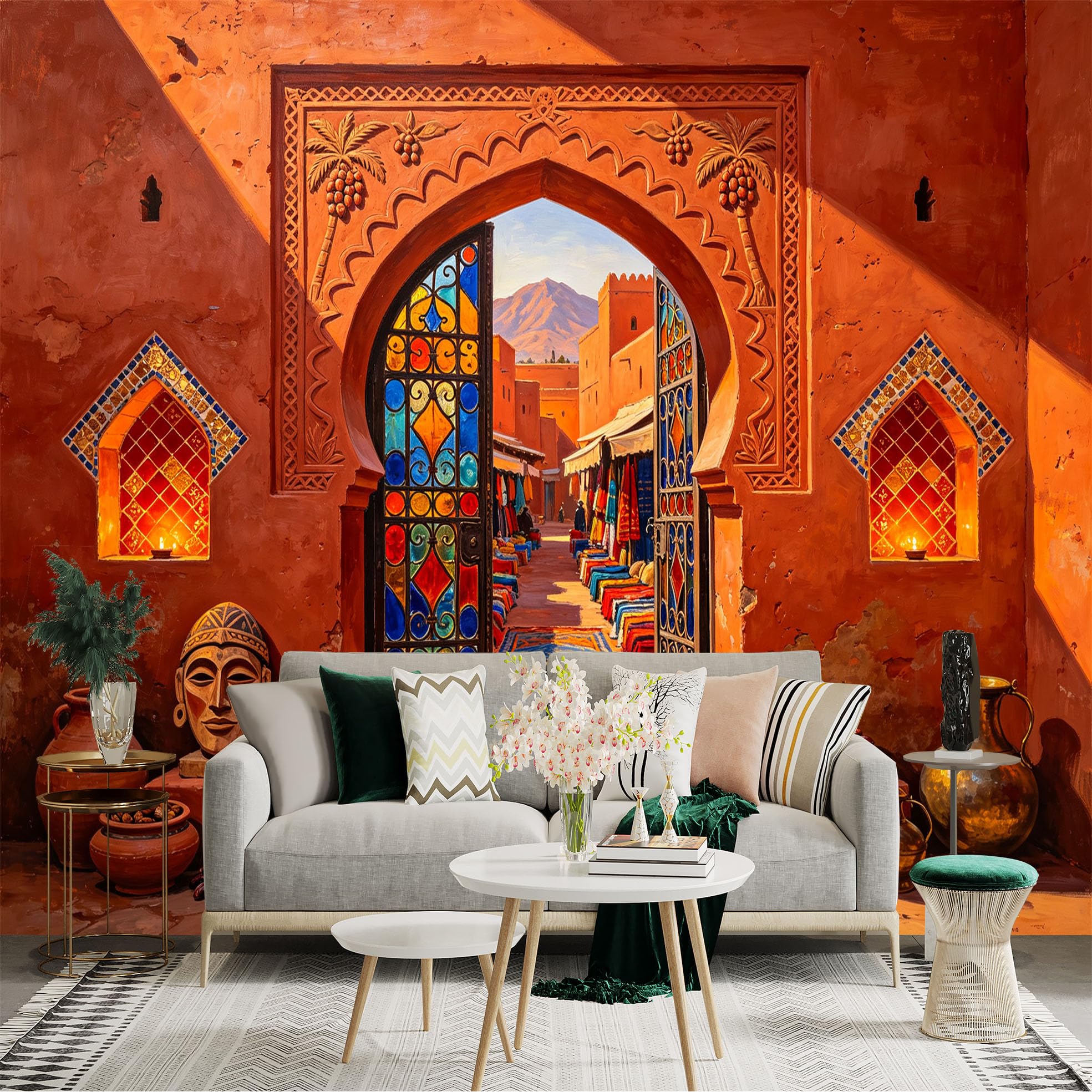 Custom Size Wall Sticker Mural， Desert Market Archway， Colorful Mosaic Door and Arabian Street， for wall Decoration， peelandstick wall Decals.