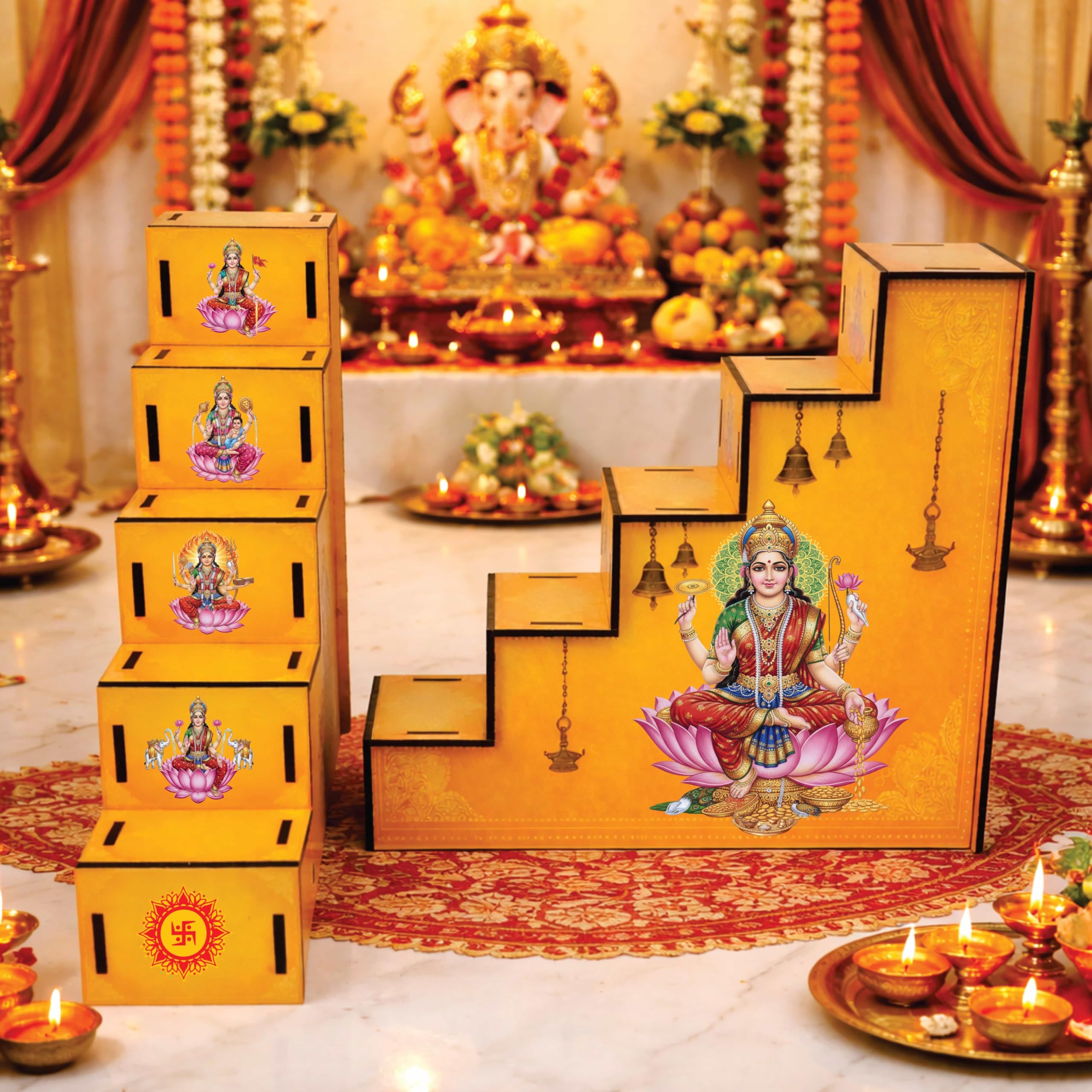 5 Steps MDF Diya Stand | 12 x 12 x 3.5 Inches Each | Traditional Deepam Stand for Diwali, Navratri, Varalakshmi vratam, Lakshmi Pooja & Home Temple Decoration (Set of 2 pcs) (Yellow)-image-30