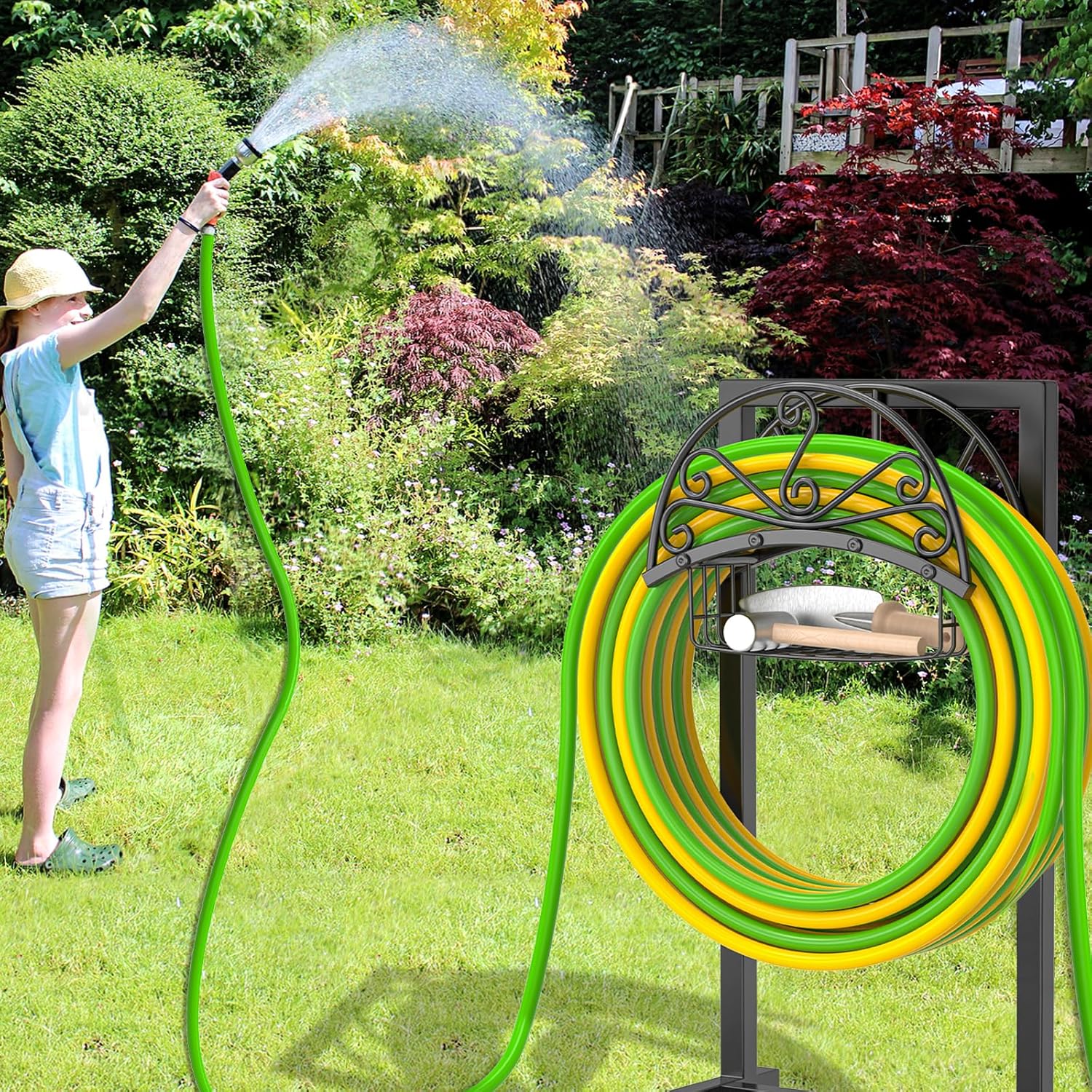 Garden Hose Holder,Heavy Duty Freestanding Detachable Storage Reel Stand,Upgraded 4 Spikes Hose Hanger for Outside Yard Lawn (Floral with Storage Basket)