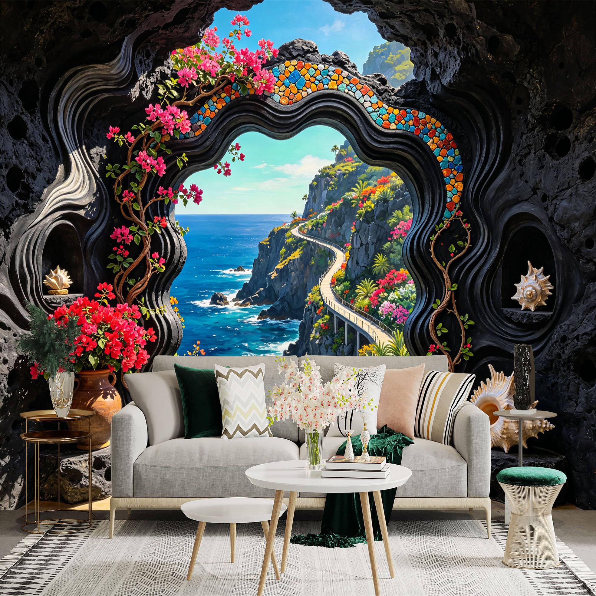 Custom Size Wall Sticker Mural， Coastal Cliff Path， Ocean View， Floral Cave Arch， Tropical Seaside Landscape， for wall Decoration， peelandstick wall Decals.