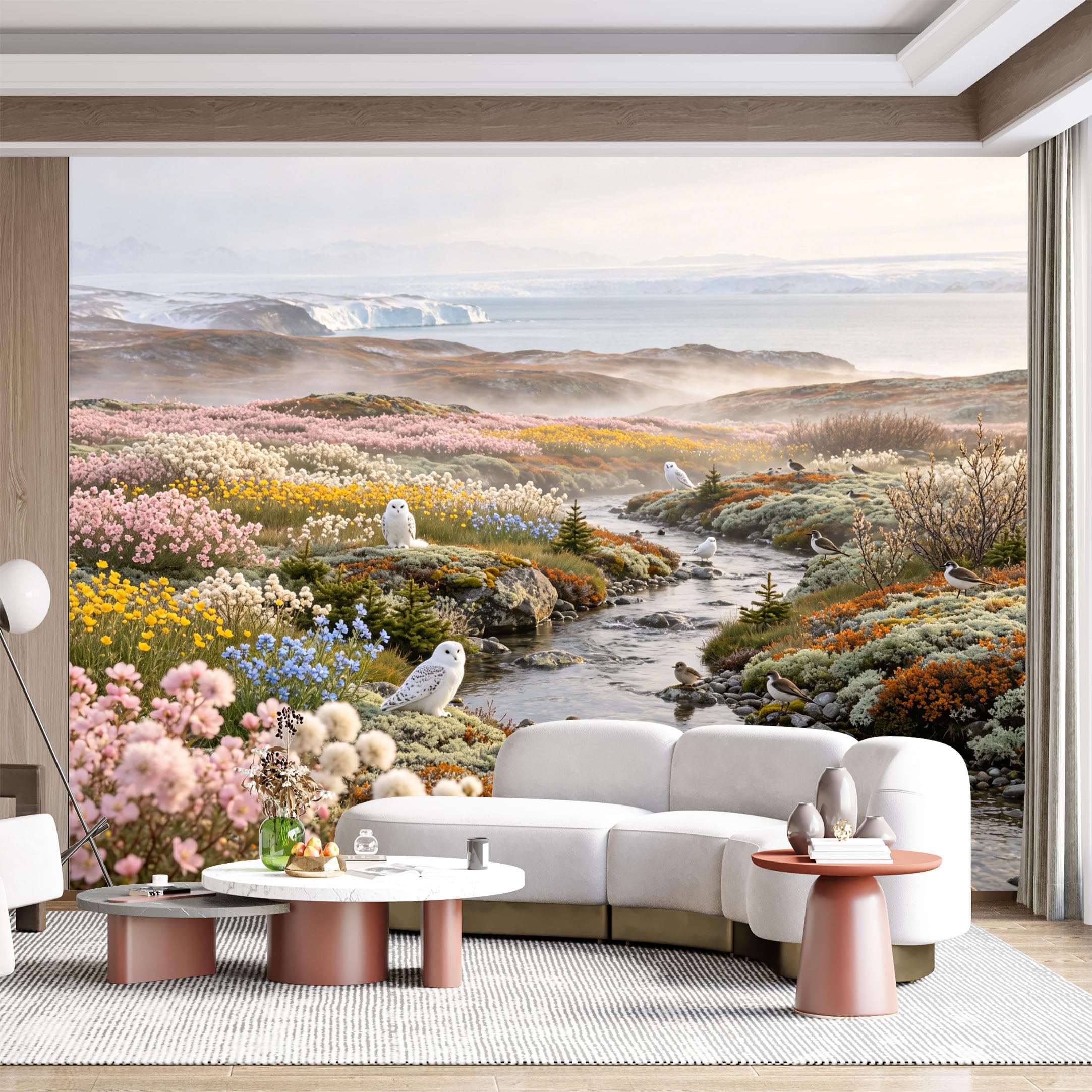 Custom Size Wall Mural Arctic Landscape Snowy Owl Wildflowers River Flowing Water SelfAdhesive Wall Fabric Removable for Home Office Decor