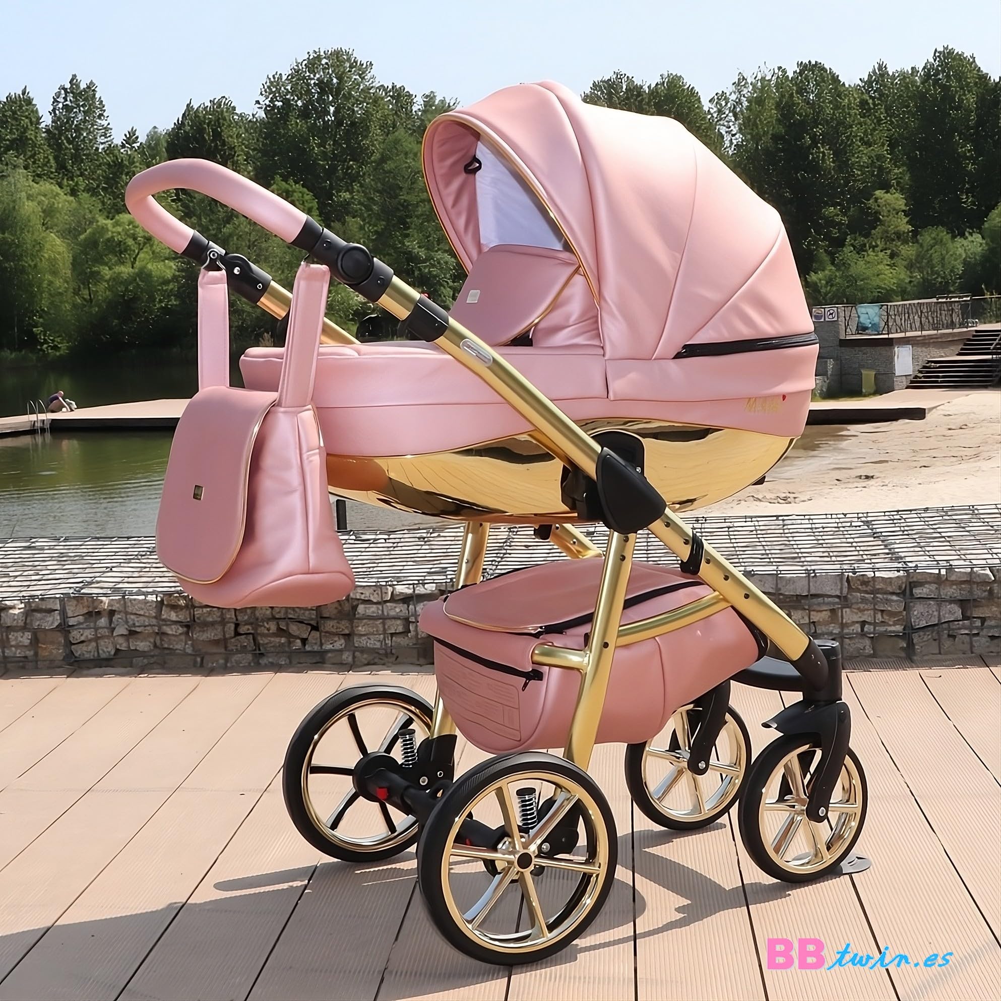 Passeggino MAMI Sojan BBtwin Trio 3in1 ecopelle e dettagli dorati argentati passeggino completo 3 pezzi (pink)