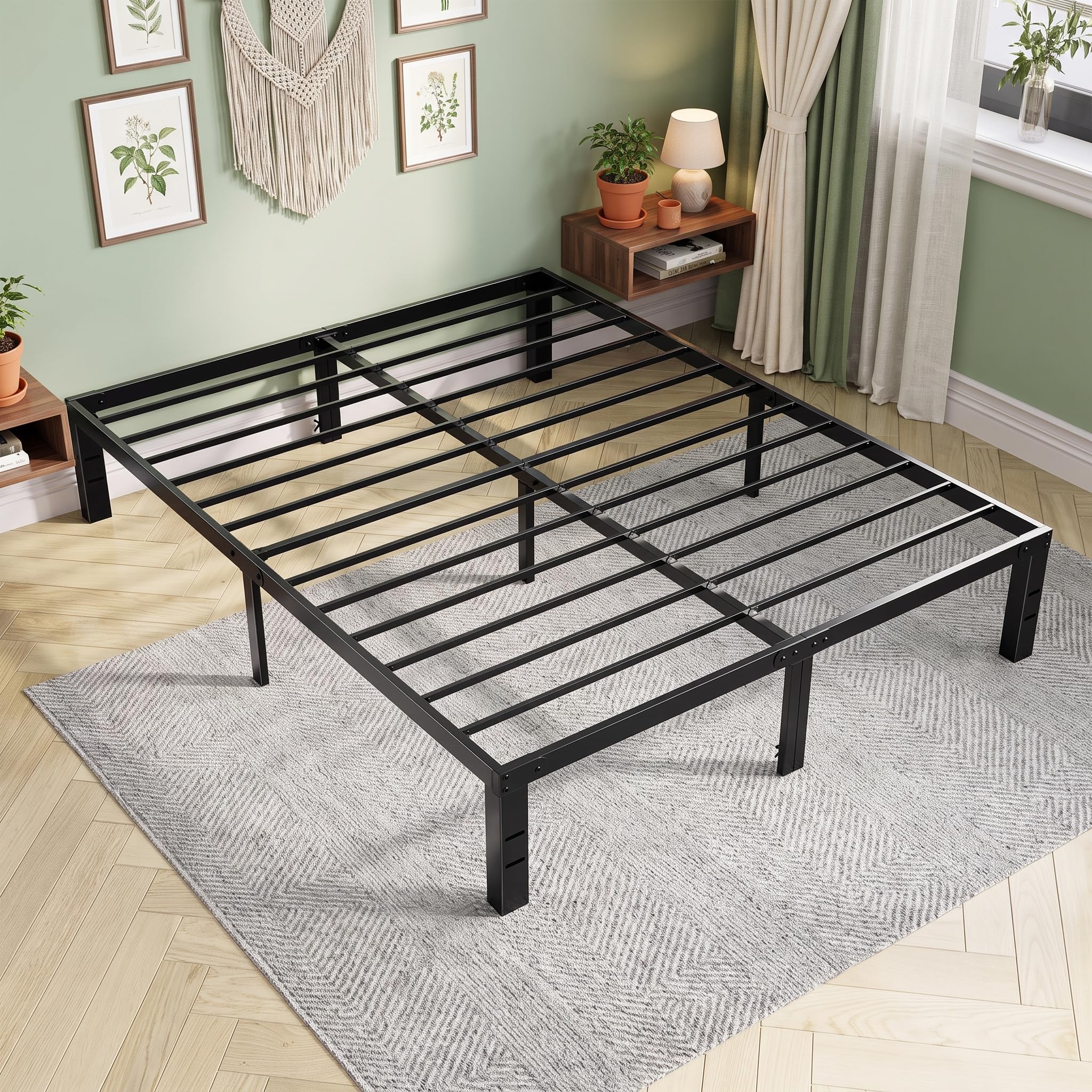 OLIXIS 14In Metal Queen Bed Frame with Storage Space, No Box Spring Needed with Sturdy Steel Slat Support, Heavy Duty and Easy Assembly, Platform Bed for Bedroom, Black