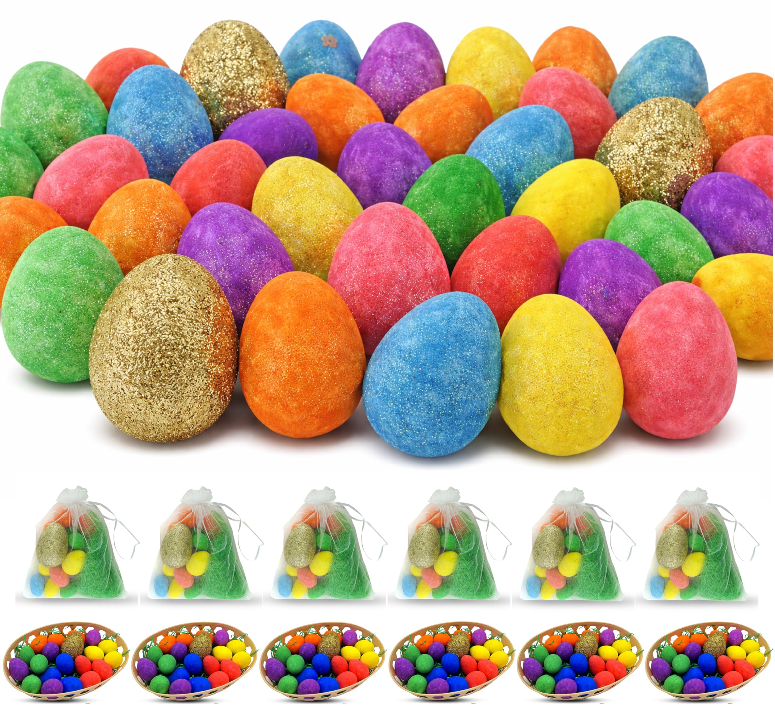 Hovuk 222Pcs- Glitter Eggs 222Pcs Easter Glitter Eggs In Hamper Basket – Easter Egg Hunt Kit, Colorful Foam Eggs For Decorations, Basket Fillers And Party Favors