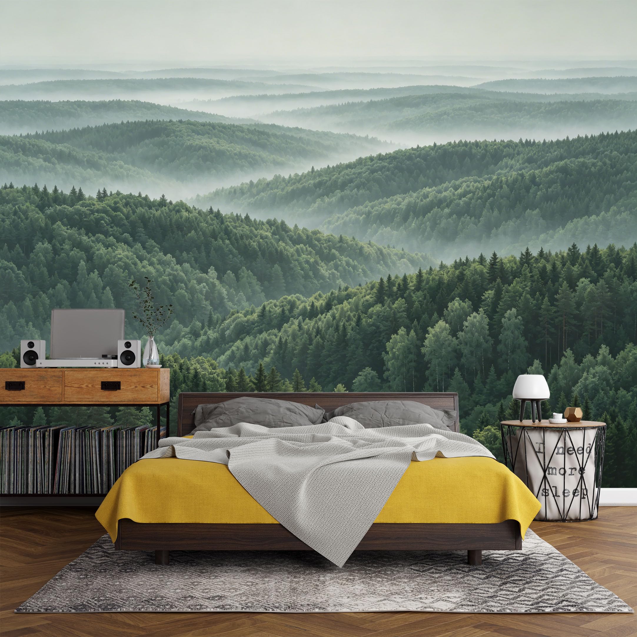 Custom Size Wall Mural Misty Forest Landscape Pine Trees Nature Scenery SelfAdhesive Art Prints wall Fabric（No PVC） Removable Wallpaper Living Room Decor