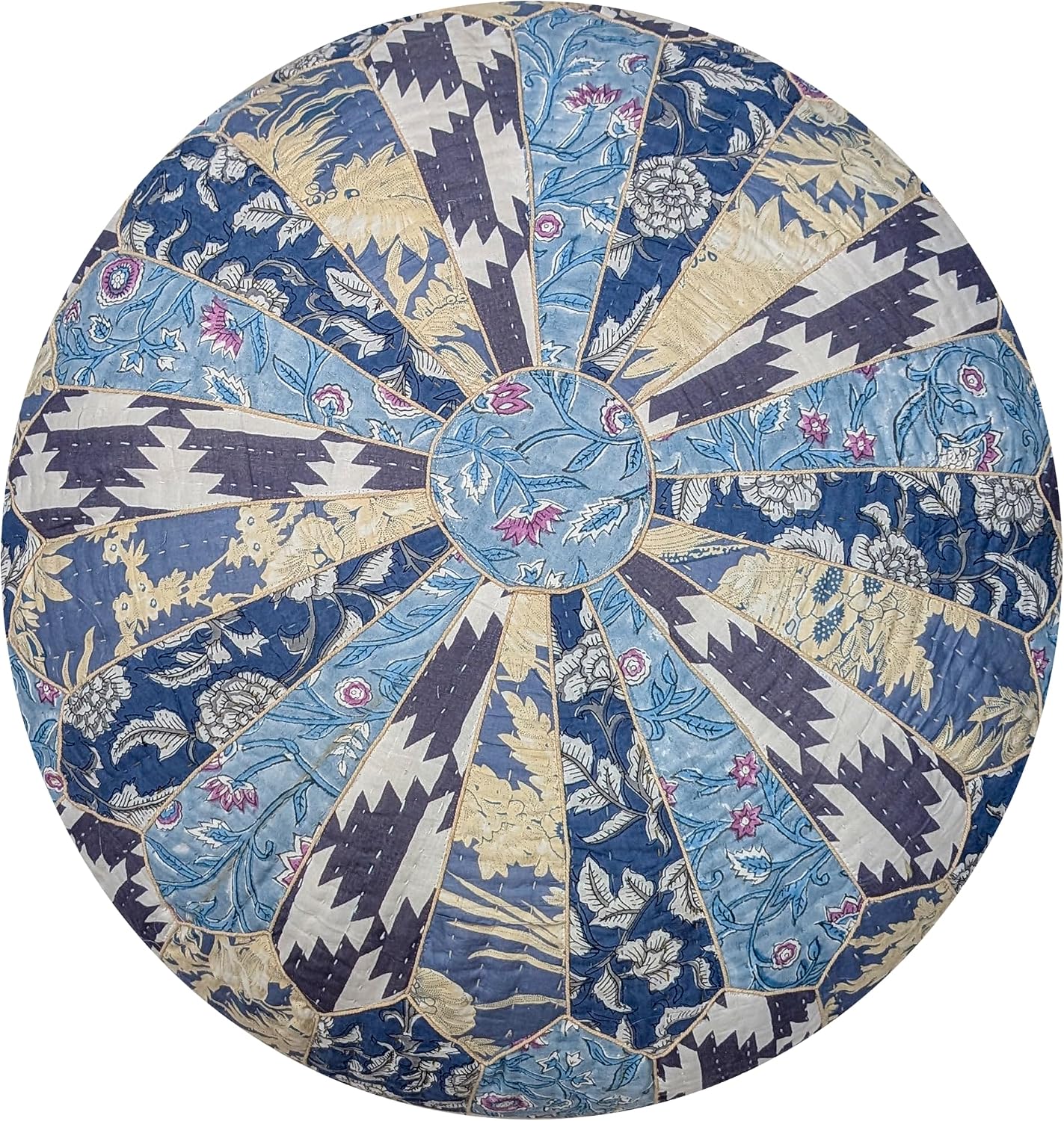 Mandala Life ART Indian Vintage Indigo Blue Pouf Ottoman Cover Handmade Round Floor Cushion Pillow Patchwrok Recycled Cotton Boho Room Décor