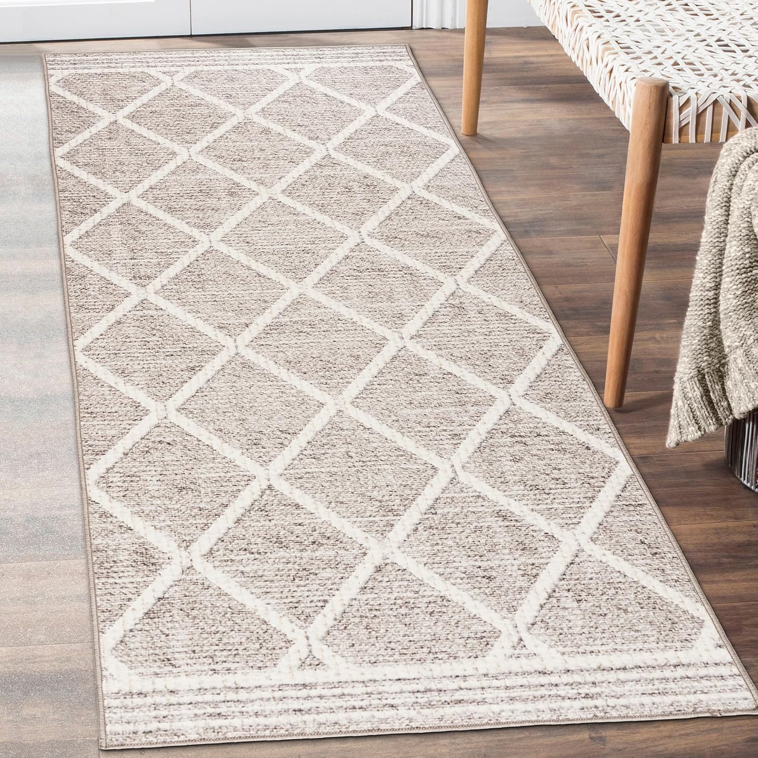ReaLife Rugs Machine Washable Area Rug Runner - Living Room Bedroom Bathroom Kitchen Entryway Office - Padded Low Pile Stain Resistant Premium - Boho Modern Farmhouse - Tessa - Beige Ivory 2'6" x 8' 2'6" x 8' (Rectangular) Trellis - Light Beige Ivory