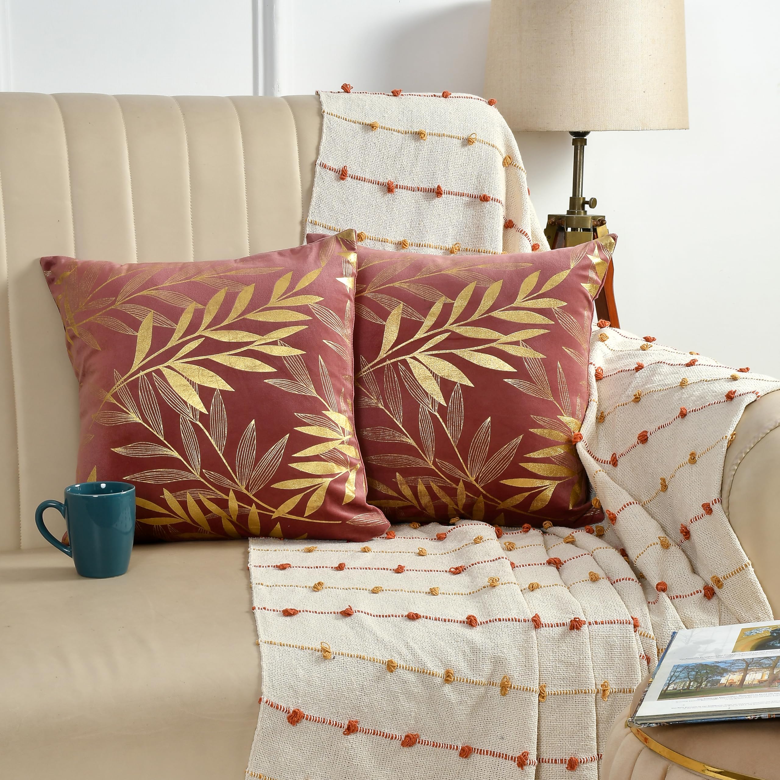 AEROHAVEN™ Rose Set of 2 Gold Leaf Printed Hand Made Velvet Throw/Pillow Cushion Covers - CC-227 - (16 x 16 Inch, Peach) (B0CQKJ281T) Amazon Price History, Amazon Price Tracker