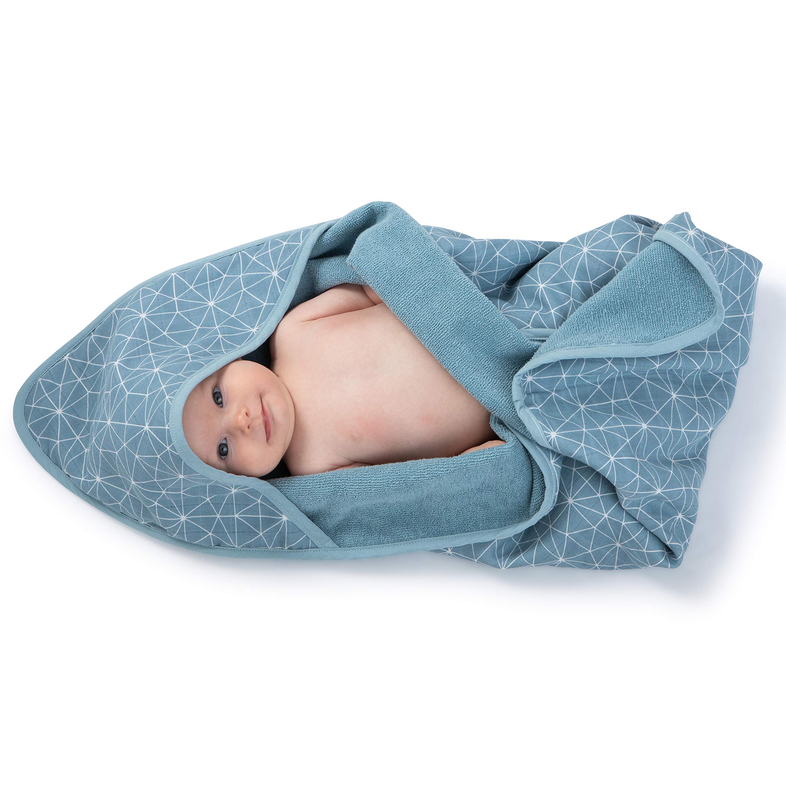 Urban Kanga Hooded Baby Bath Towel Muslin Terry Cotton Double Sided (Blue Geo)