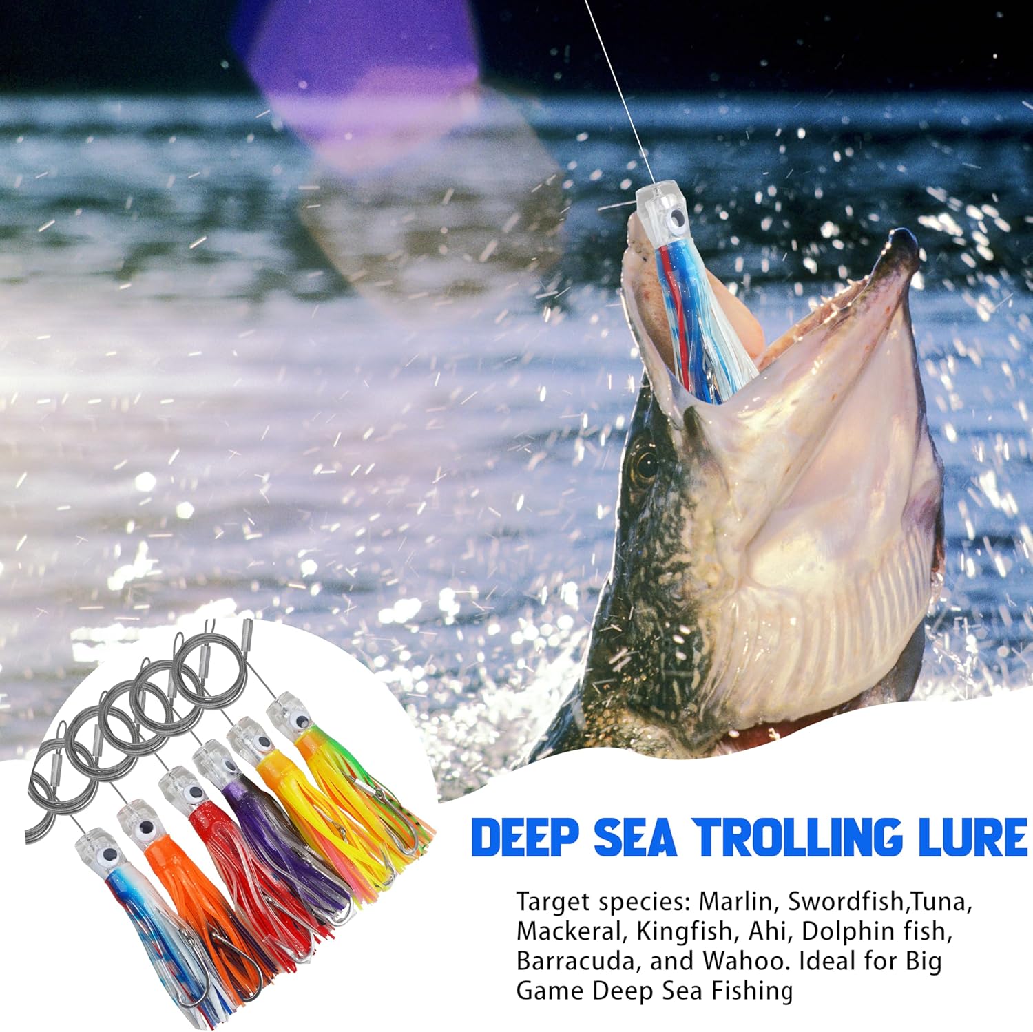 Saltwater Trolling Lures,6pcs Trolling Skirted Offshore Big Game Fishing Lures Deep Sea Squid Skirts Rig for Tuna Mahi Marlin Dolphin Durado Wahoo 6 inch/9 inch