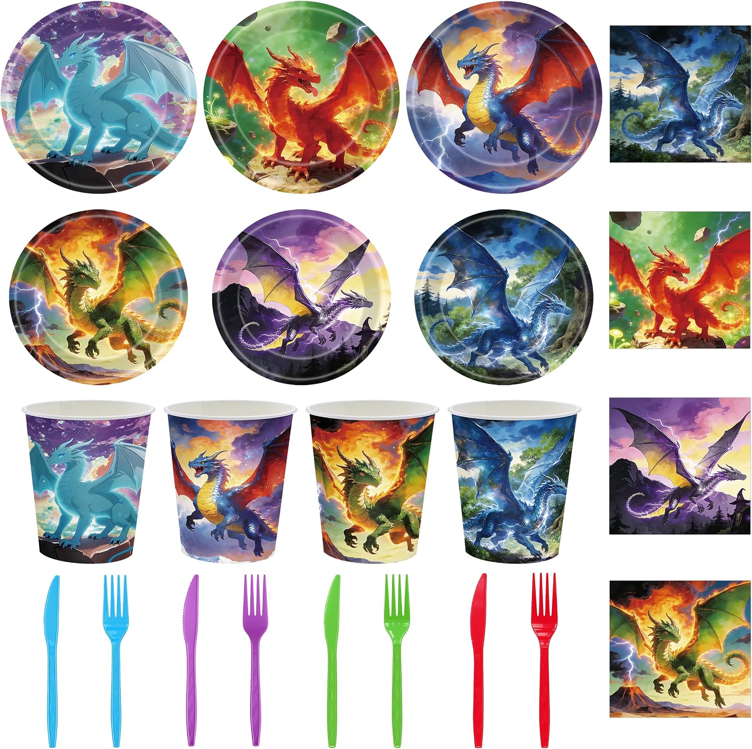 144PCS Dragon Birthday Party Decorations, Dragon Party Supplies with Plates and Napkins, Fantasy Dragon Paper Plates, Cups, Forks and Knives, Watercolor Dragon Tableware Set for 24 Guests