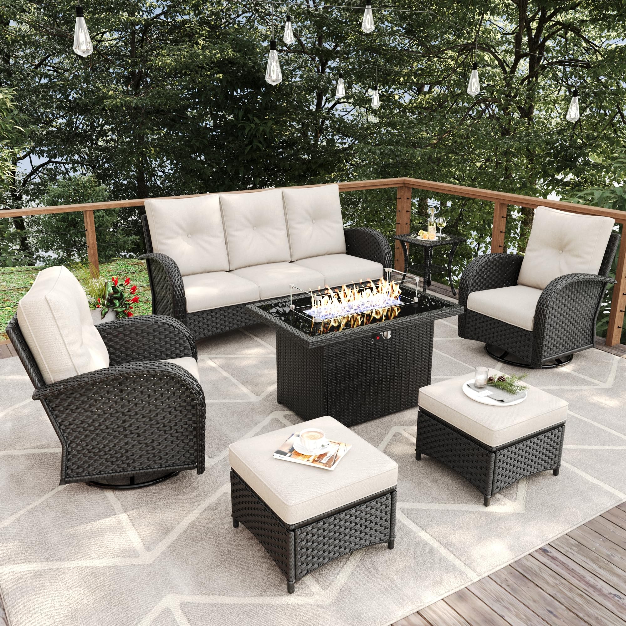 Vakollia 7 Pieces Patio Furniture Sets with Fire Pit Table, Wicker Rattan High Back Outdoor Swivel Rocking Chairs Set with 3-Seat Couch, Ottomans and