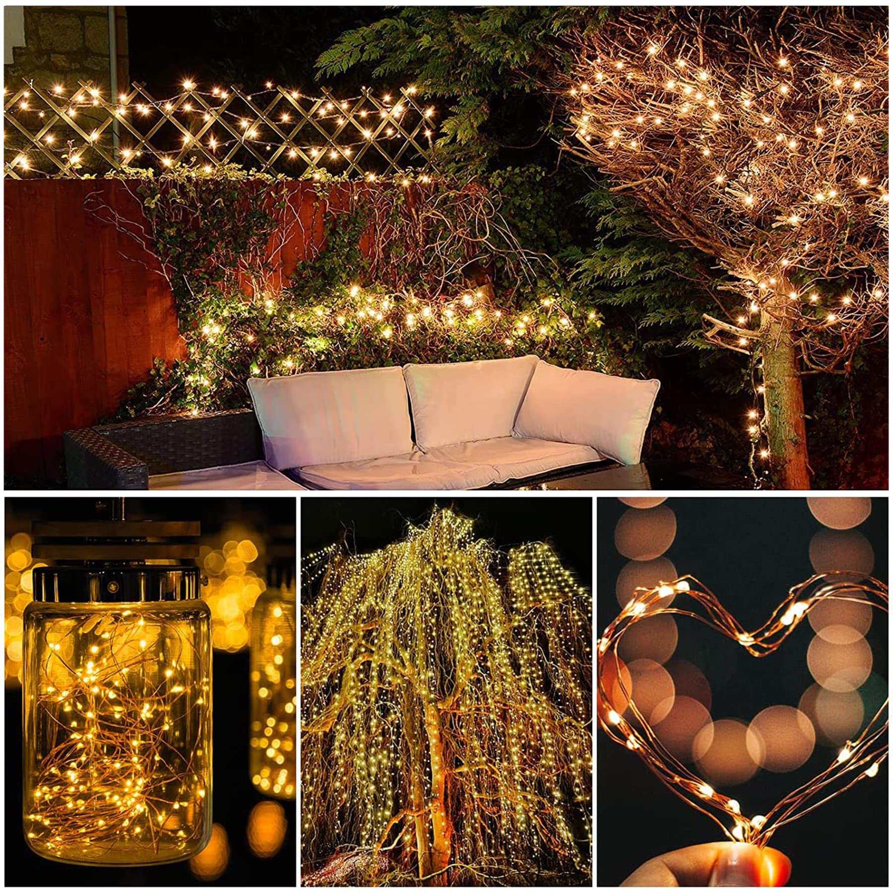 Lezonic Filo di luci solari per esterni, confezione da 4, 12 m, 120 LED, 8 modalità, impermeabili, filo di rame, luci da giardino per casa, alberi, patio, cortile, recinzione, decorazioni per feste di