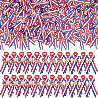 Glitinsel 150 Pcs Veterans Day Patriotic Ribbon Pins Bulk with Red White Blue American Flag Lapel Pin Ribbon Star Heart Shape Pin Memorial Day 4th of July for Party Favor Decoration Supplies