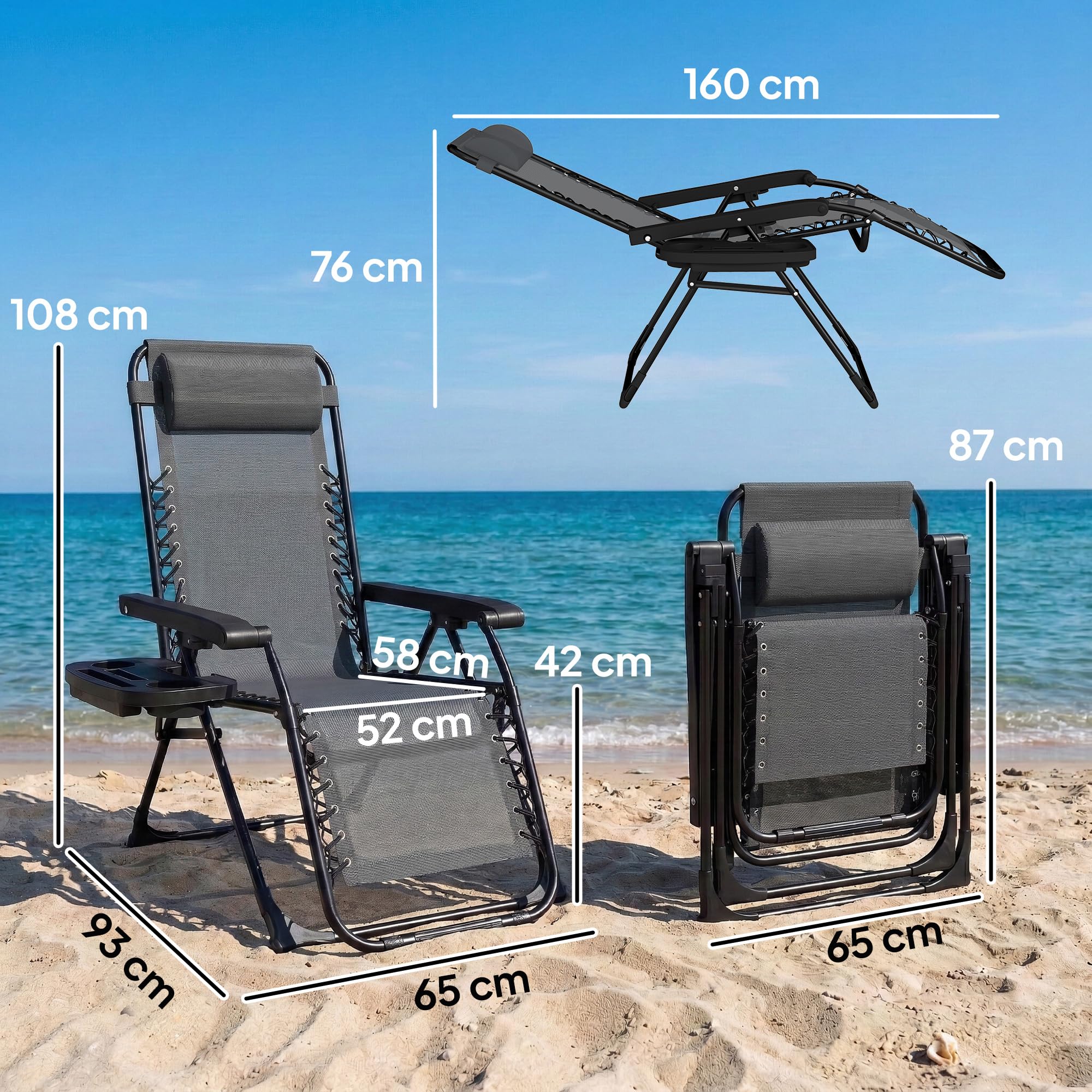 Outsunny Chaise de Gravité Zéro avec Accoudoirs, Coussin, Porte-Gobelet, Appuie-Tête, Dossier Réglable, Bain de Soleil Pliable en Textilène pour Jardin Plage Terrasse Camping, Gris Clair