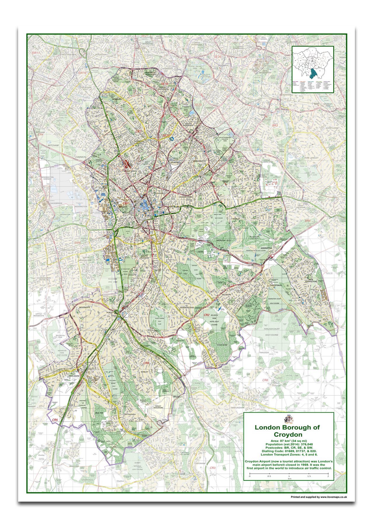 London Borough Map - Croydon - Size A0-84.1 x 118.9cm - Paper Laminated