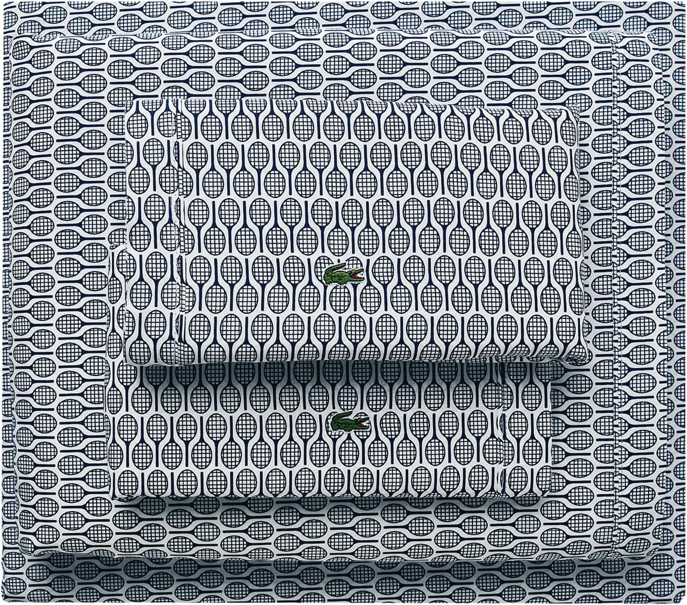Lacoste Racquets 100% Percale Cotton 4-Piece Sheet – Cool, Crisp, Matte, and Durable, Oeko-Tex Certified – Print, Navy, Queen
