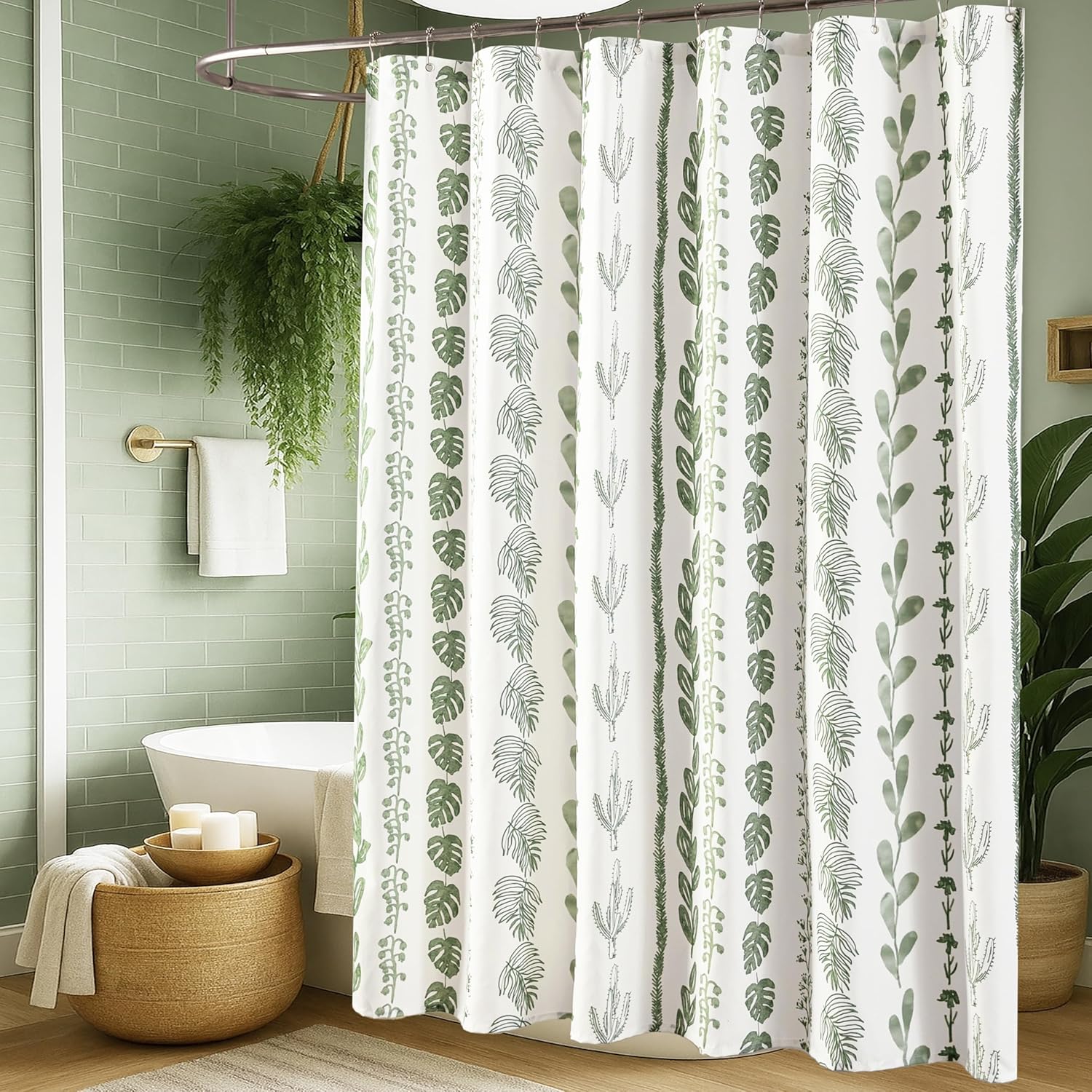 Sage Green Boho Shower Curtain,Modern White Light Green Neutral Farmhouse Waterproof Fabric Shower Curtains for Bathroom,Unique Decorative Tropical Spa Botanical Nature Plant Floral Eucalyptus Decor