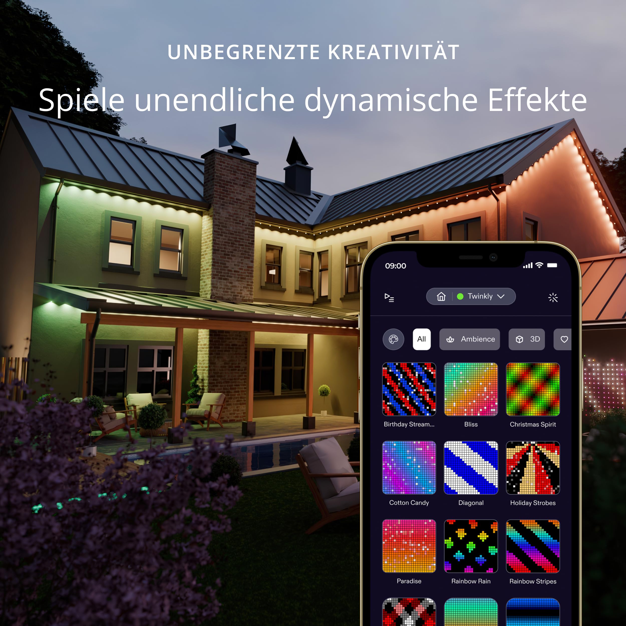 Twinkly Permanente Beleuchtung mit 72 RGB-LEDs, LED-Lichtstreifen für den Außenbereich, Smarte Mehrfarbige LED-Lichter, Kompatibel mit Alexa und Google Home, IP65, App-Steuerung, Weißes Kabel, 30 m