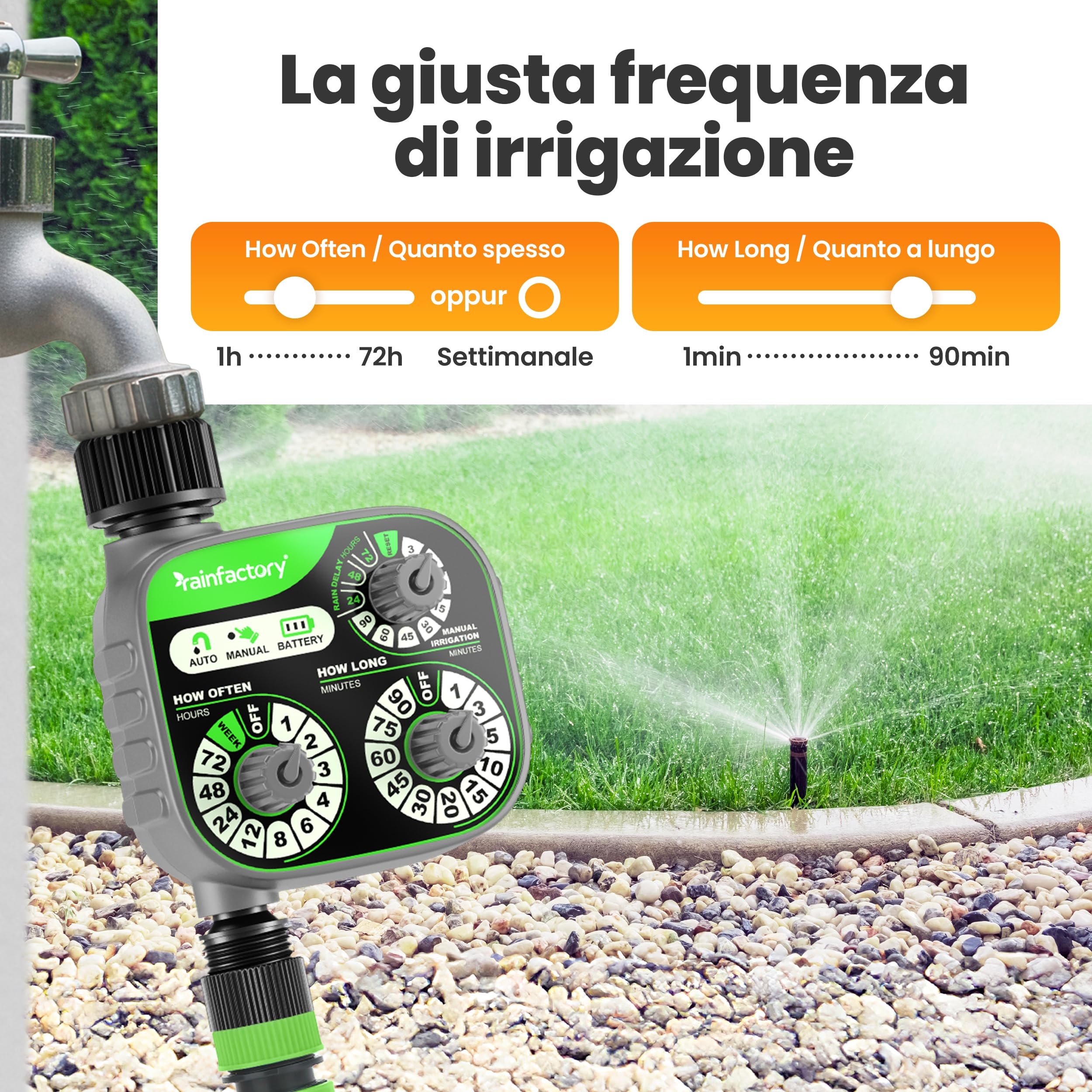 rainfactory Timer Irrigazione con 3 Manopole - Programmatore Irrigazione per Uso Automatico o Manuale con Ritardo Pioggia - Risparmio Acqua per Giardino, Prato e Balcone