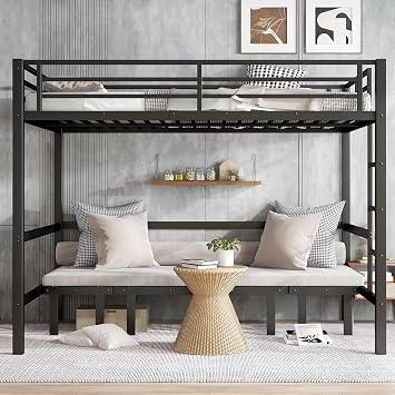 Queen Over Queen Metal Pull-Out Bunk Bed, 3-Section Trundle Lower Bunk, Safety Rail Top Bunk, Black