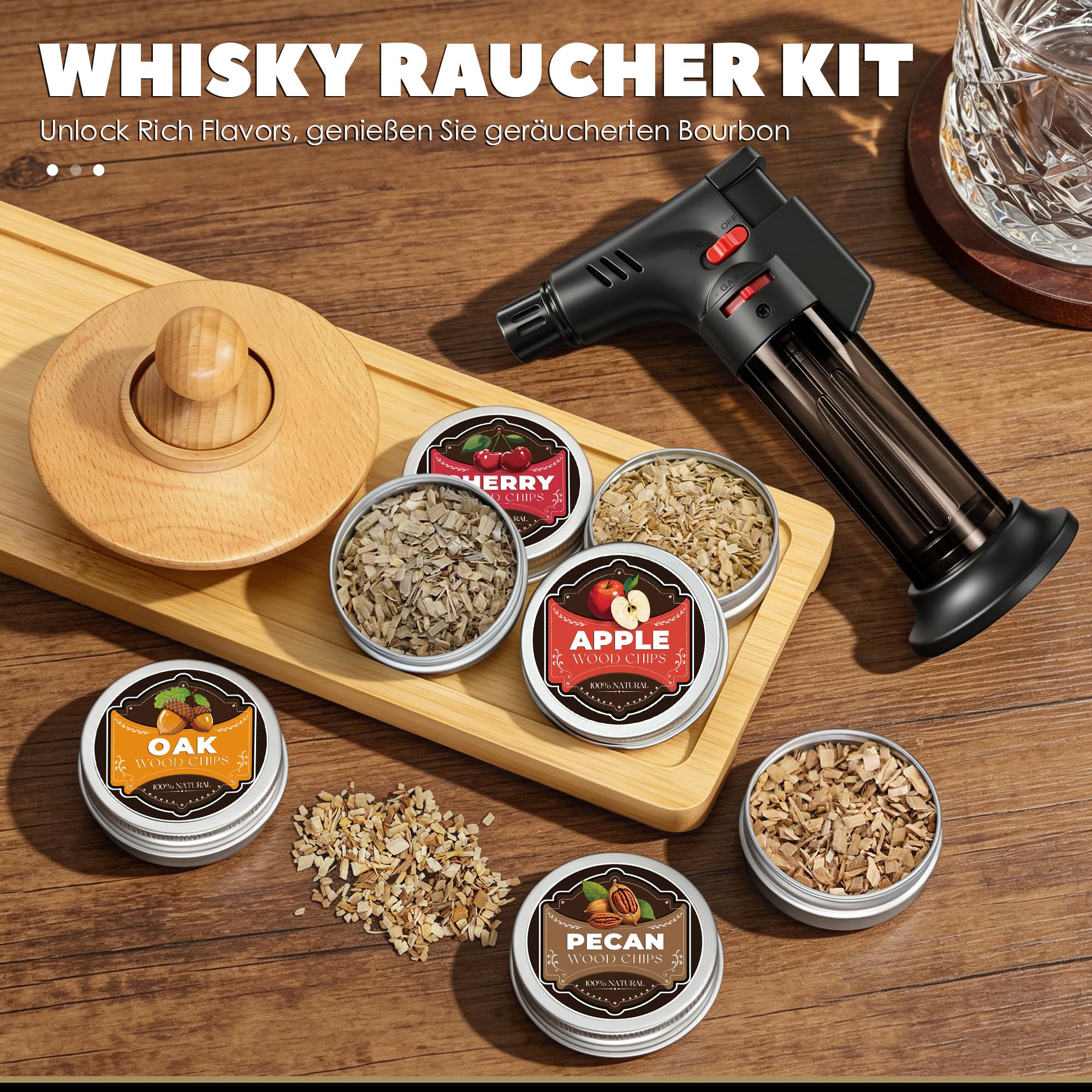 Whisky Räucher Set komplett mit Brenner und Holz-4 Geschmacksrichtungen, Cocktail Räucher Set mit Flambierbrenner, Whisky Geschenk für Männer (Feuergerät ohne Gasbutan)